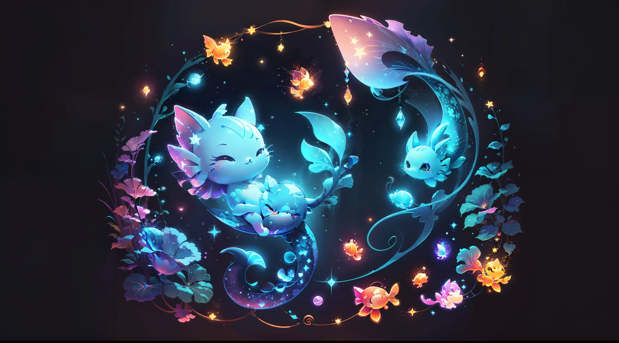(((tmasterpiece))), 4k resolution, higly detailed, hiquality, hight resolution, ultradetailed, 8K, beste-Qualit, Cute cat with a mermaid's tail, The Little Mermaid Cat, hung beautifully in the air, among glowing fish and crystals, Fireflies, magical light, Neon