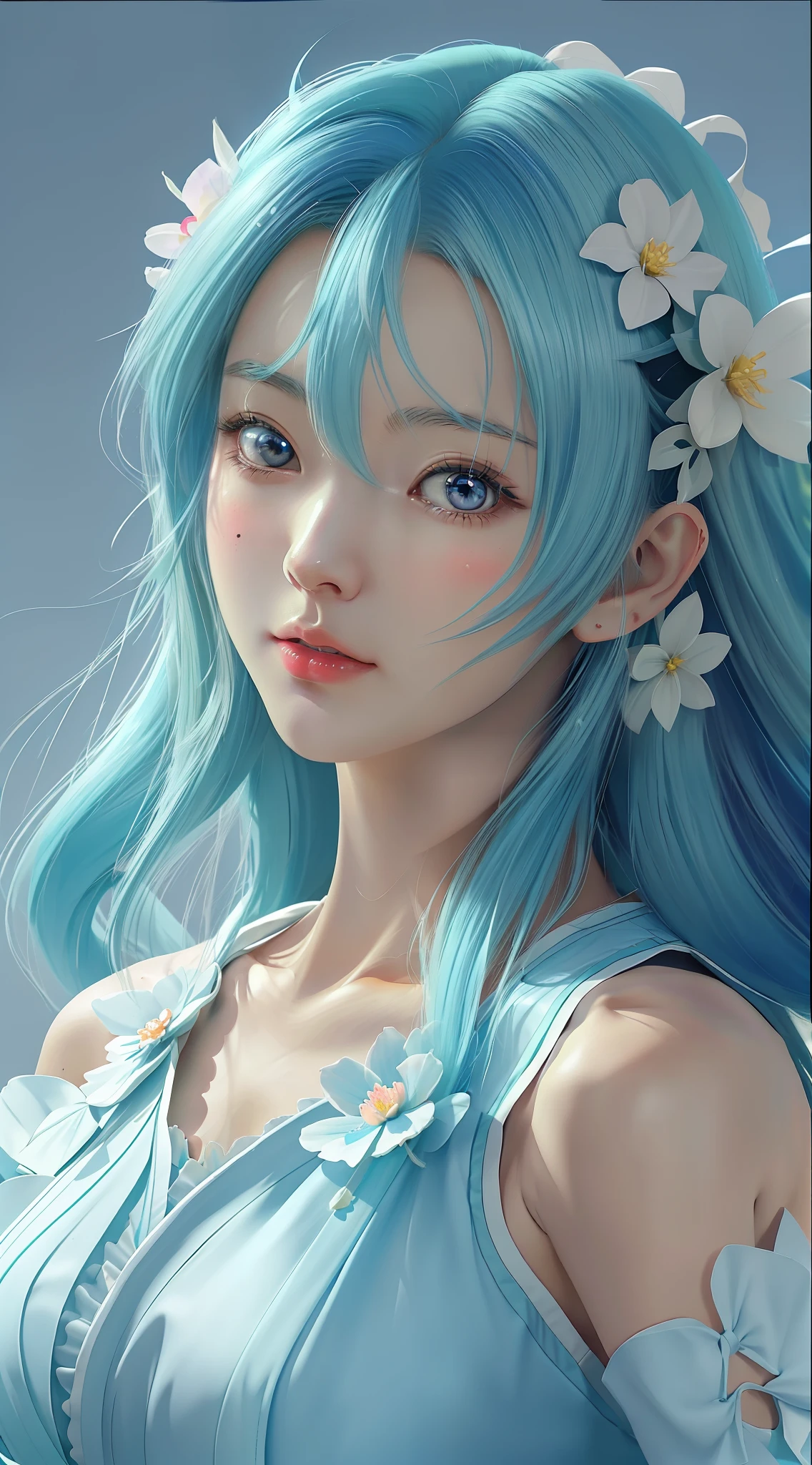 anime girl with blue hair and a flower in her hair, Extremely detailed Artgerm, Detailed digital anime art, Cute detailed digital art, a beautiful anime portrait, Art germ on ArtStation Pixiv, A beautiful artwork illustration, Art germ. High detail, ! Dream art germ, Fantasy art style, Art germ. anime illustration, Beautiful digital illustration