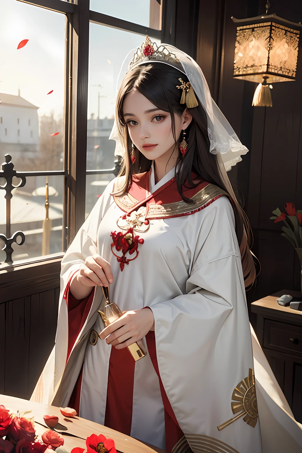 beste-Qualit, master piece, highres, (Body covered by Moroccan caftan that covers the whole body respectable yellow color different design 1.5), visage magnifique, (peau laiteuse: 1.3), intricate high detail, high resolucion, papier peint, 1fille, solo, robe, ornement de cheveux, (((robe or et rouge))), fleurs, cheveux longs, cheveux bruns, mouth closed, bijoux, manches longues, main haute, manches larges, grands yeux, cheveux flottants, chinese clothes, hanfu, broderie, jupe longue, pose naturelle, falling petals, interior, ventilateur, lanterne, 16K, HDR, high resolucion, champ de profondeur, (grain du film: 1.1), boken, Golden Hour, (Lens Flare), vignette, arc-en-ciel, (Color Grading: 1.5)
