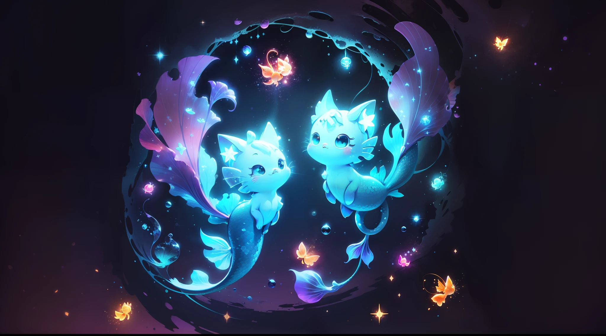 (((tmasterpiece))), 4k resolution, higly detailed, hiquality, hight resolution, ultradetailed, 8K, beste-Qualit, Cute cat with a mermaid's tail, The Little Mermaid Cat, hung beautifully in the air, among glowing fish and crystals, Fireflies, magical light, Neon
