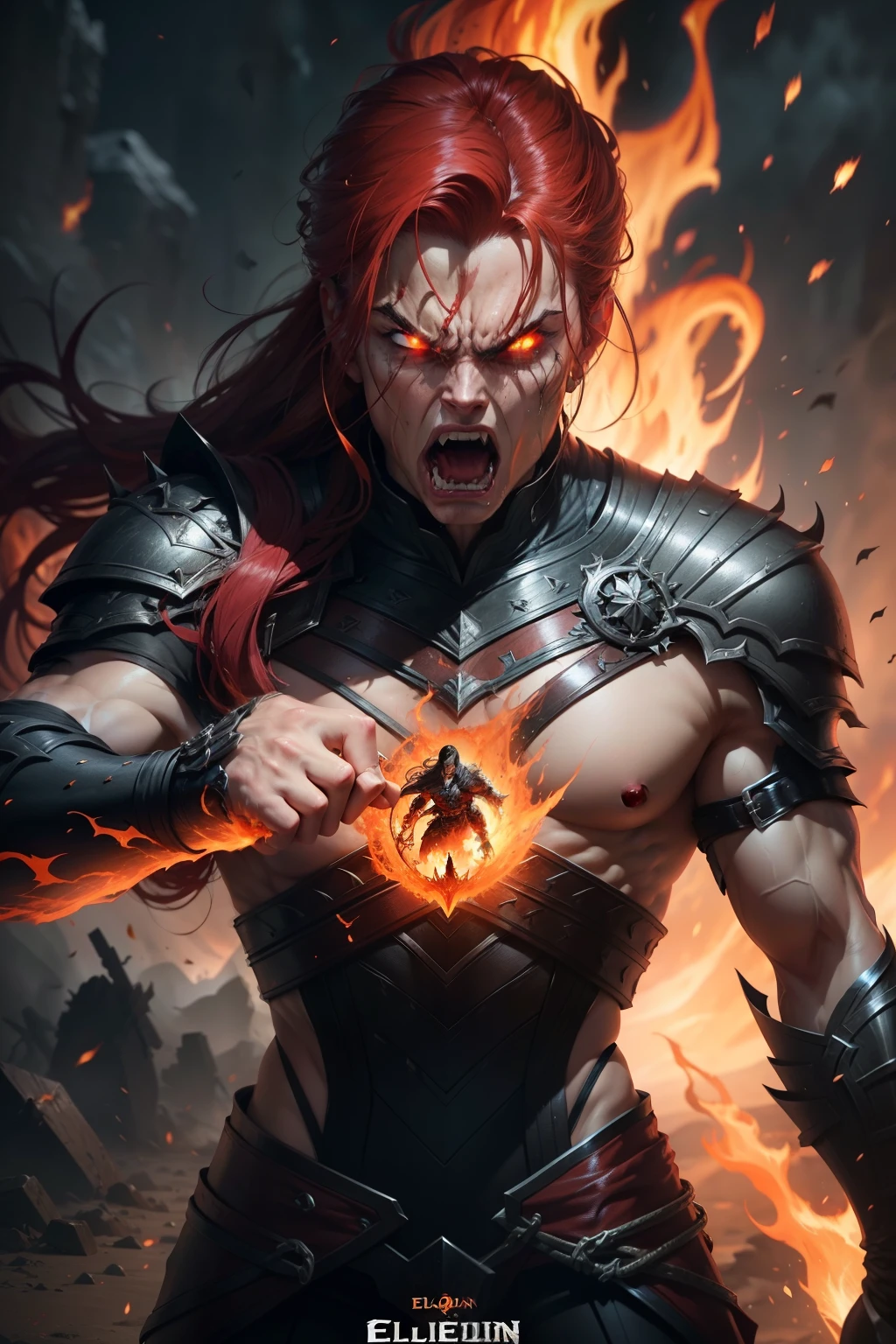 Design a gripping poster featuring Malenia from "Elden Ring" in a fit of rage. Capture the essence of his burning determination and unyielding spirit as he unleashes his wrath upon his enemies. Keep it short, bold, and intense to convey the raw power of Malenia anger.