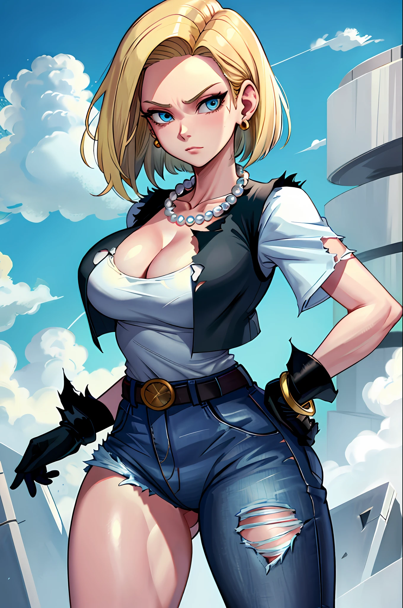 best quality, high definition, and18, 1girl, Android 18, solo, blonde hair, blue eyes, belt, jeans, pearl_necklace, bracelet, black gloves, cleavage, white shirt, short hair, short sleeves, earrings, blue pants, open vest, black vest, big breasts, wide hips, ass, legs apart, city, (torn clothes: 1.5), erotica, standing, expressionless,