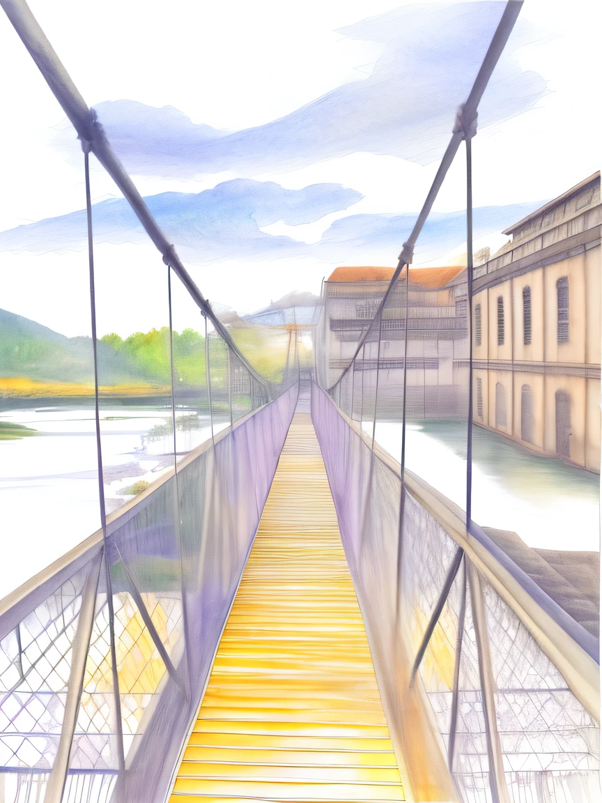 (A watercolor and pencil drawing) Ponte Araffe com uma pessoa caminhando por ela em um dia nublado, ponte suspensa!!, standing on a bridge, conectado com ponte suspensa!!, ponte suspensa!, historical setting, em uma ponte, Passagem, ponte amarrada no rio local, ponte, pontes de corda, com passarelas, metallic bridge, em um birdge, ambulante, muito interessante, Films, alta resolução, (ultra detalhado), (8k,4k), natural lightting, cores vivas