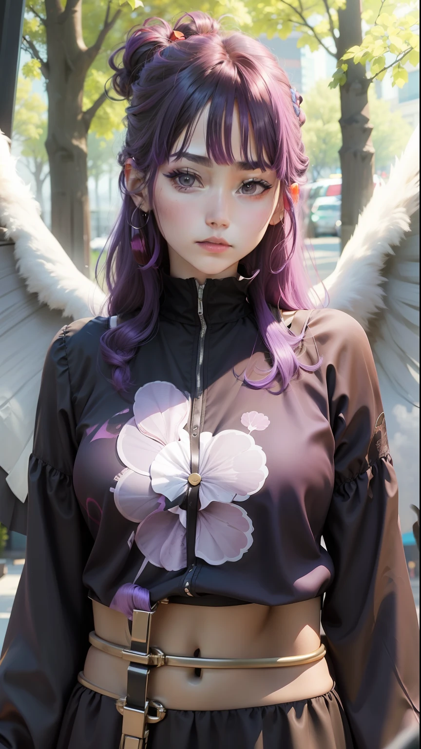 black dress with red cloud pattern, purple hair, pretty face
