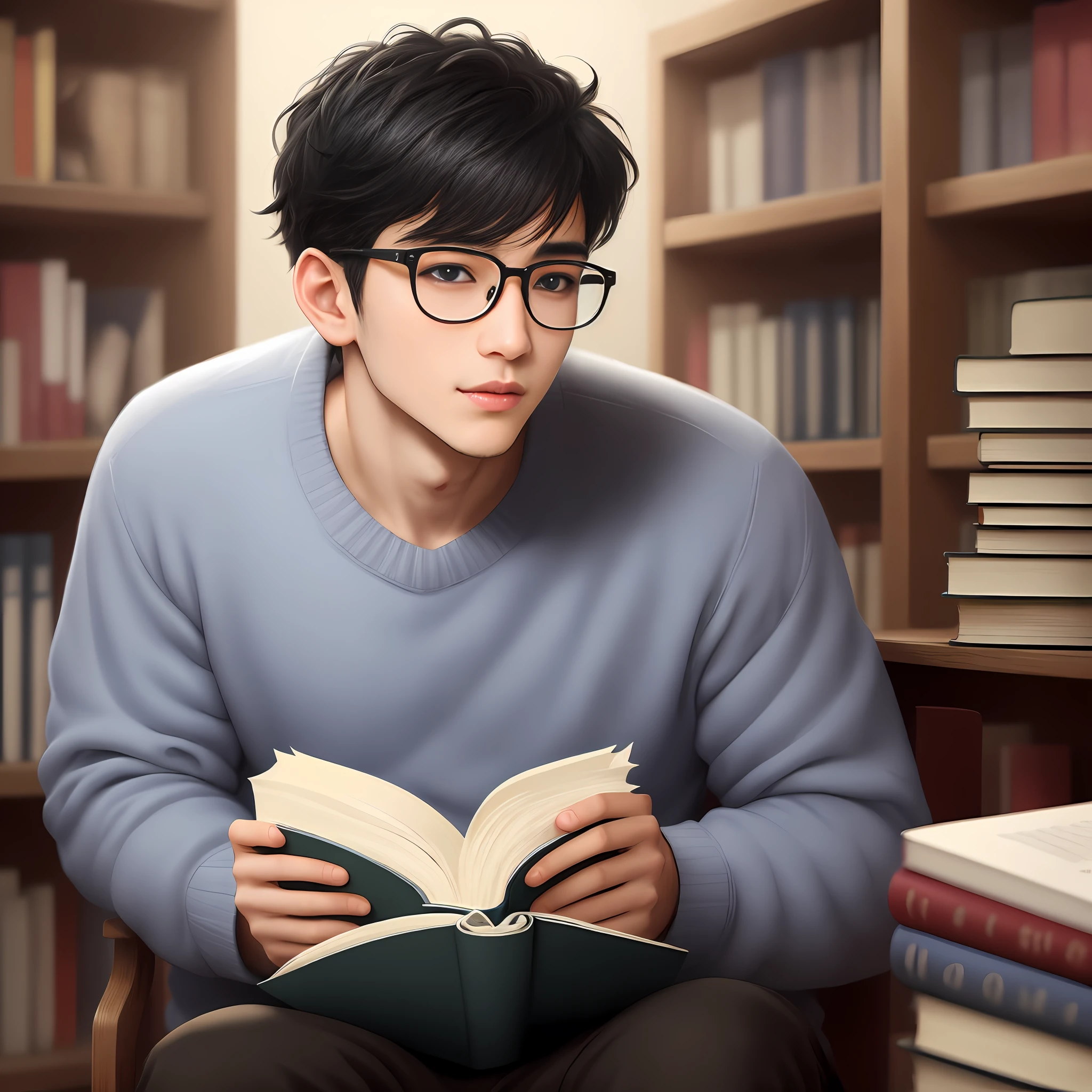 A 30-year-old boy with black hair that falls on his face and wears round black glasses, He should have blue eyes and white skin, a small nose and lips and a sharp jaw line, he really love to reading books, be a good boy and wear Have an over-sized cotton sweater, He should not be tall, he should be thin and skinny and he is introverted and shy, he sitting on library