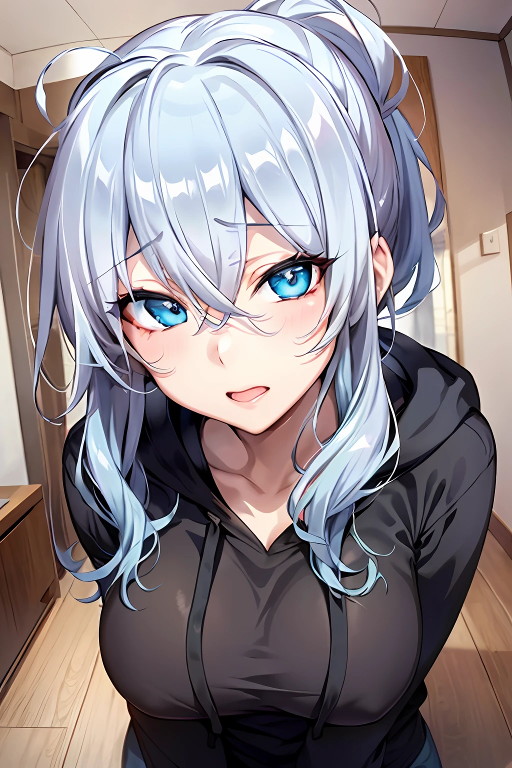 Yukino, Silver hair and eyes in a black hoodie, anime visual of a cute girl, screenshot from the anime film, & her expression is solemn, ahegao face, in the anime film, in an anime, anime visual of a young woman, she has a cute expressive face, still from anime, perfect breast