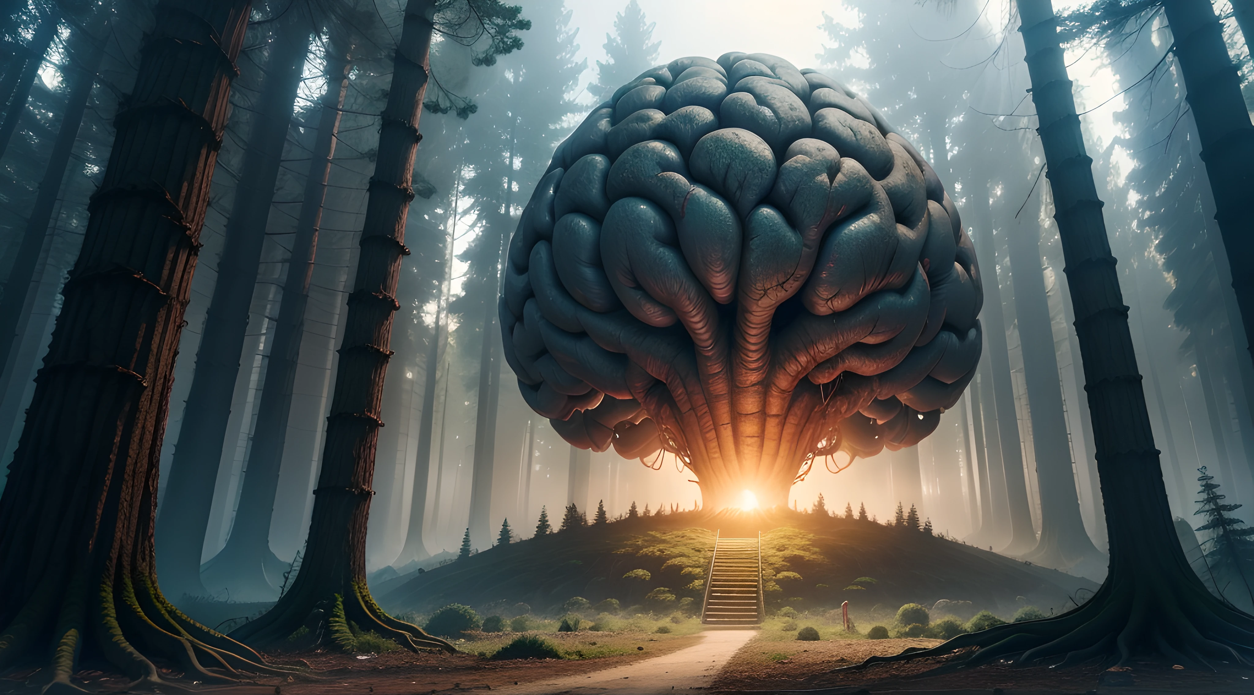 Giant brain in the middle of a clearing in the forest. Sci-fi.