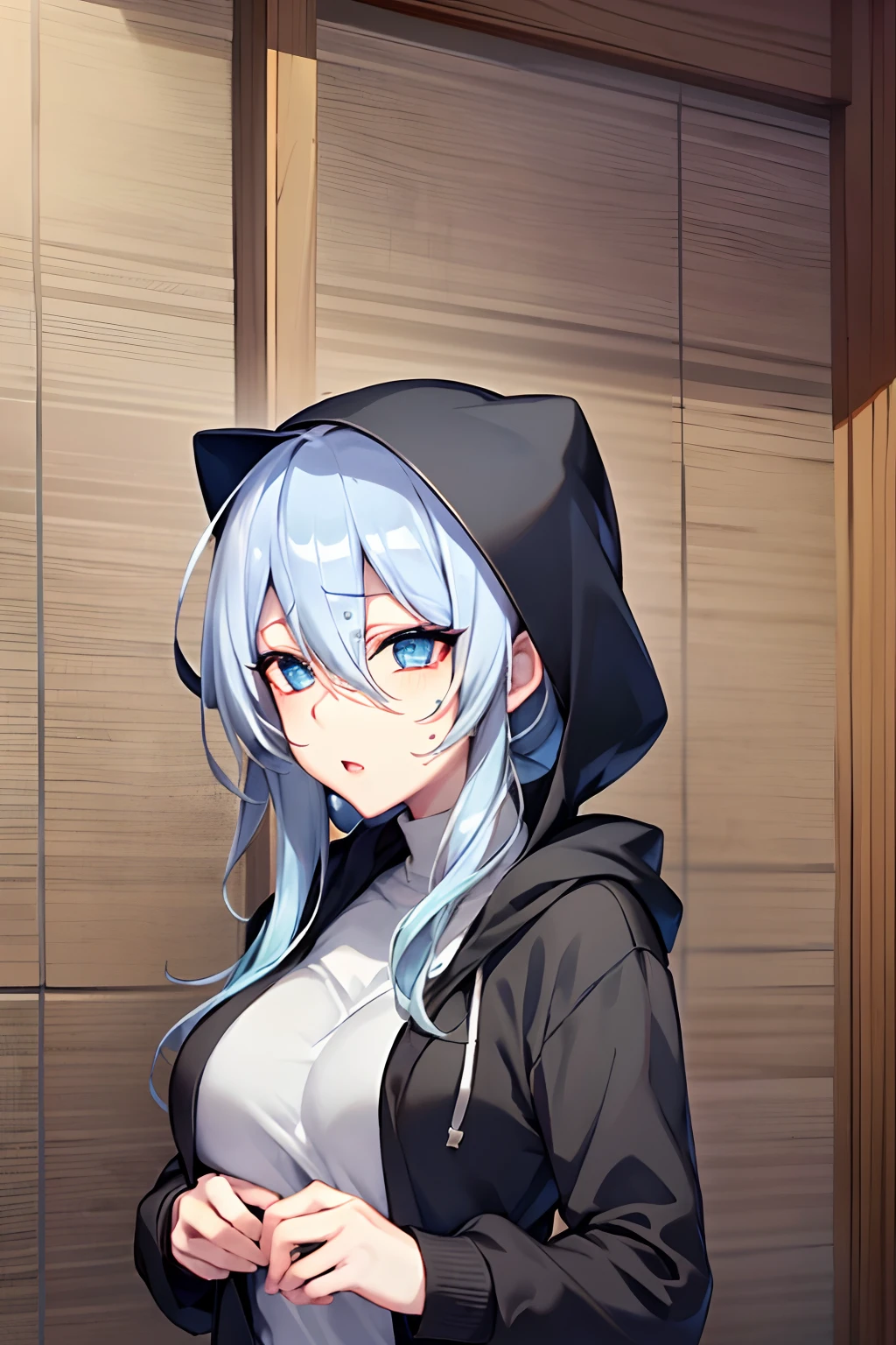 Yukino, Silver hair and eyes in a black hoodie, anime visual of a cute girl, screenshot from the anime film, & her expression is solemn, ahegao face, in the anime film, in an anime, anime visual of a young woman, she has a cute expressive face, still from anime, perfect breast