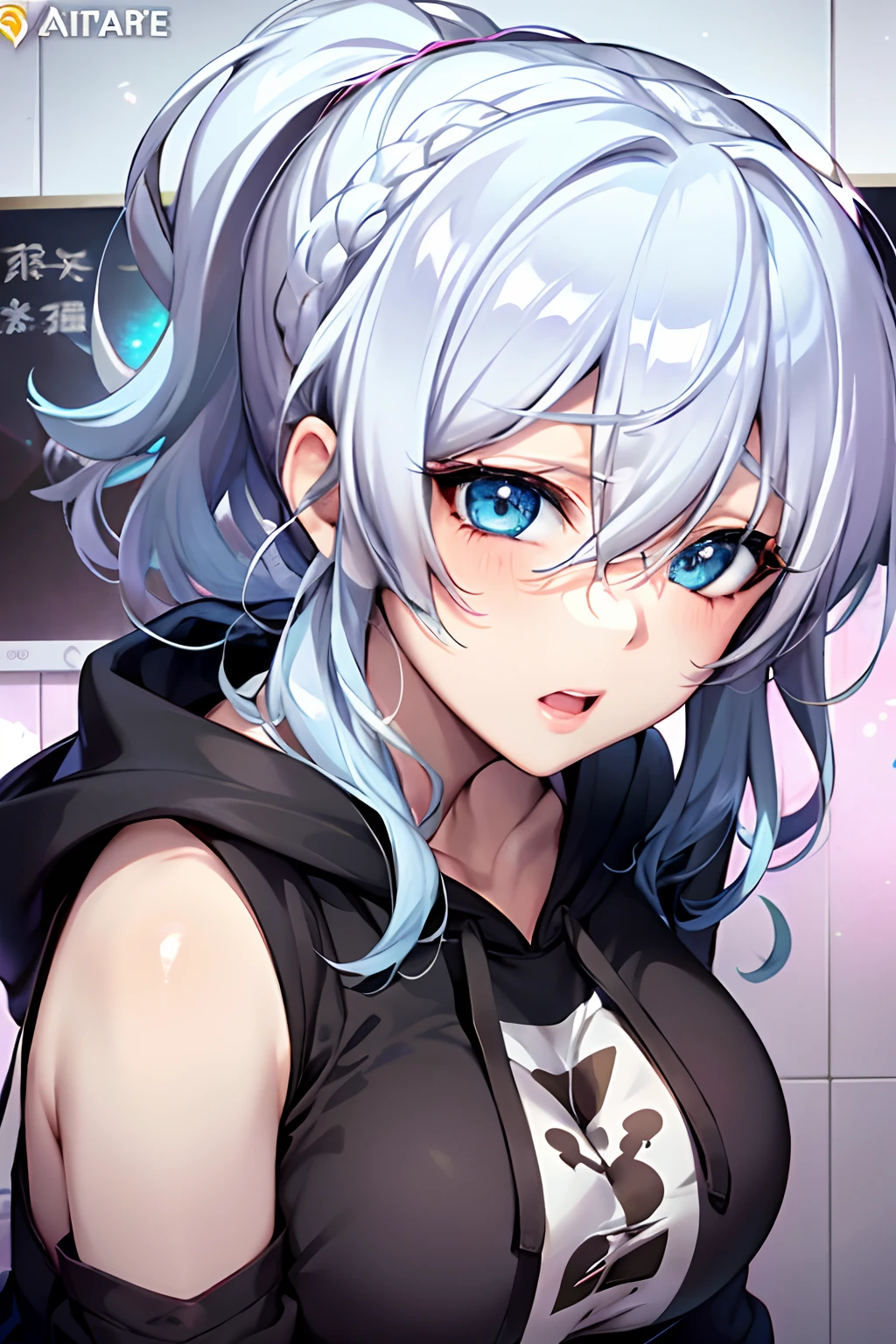 Yukino, Silver hair and  eyes in a black hoodie, anime visual of a cute girl, screenshot from the anime film, & her expression is solemn, ahegao face, in the anime film, in an anime, anime visual of a young woman, she has a cute expressive face, still from anime, perfect breast