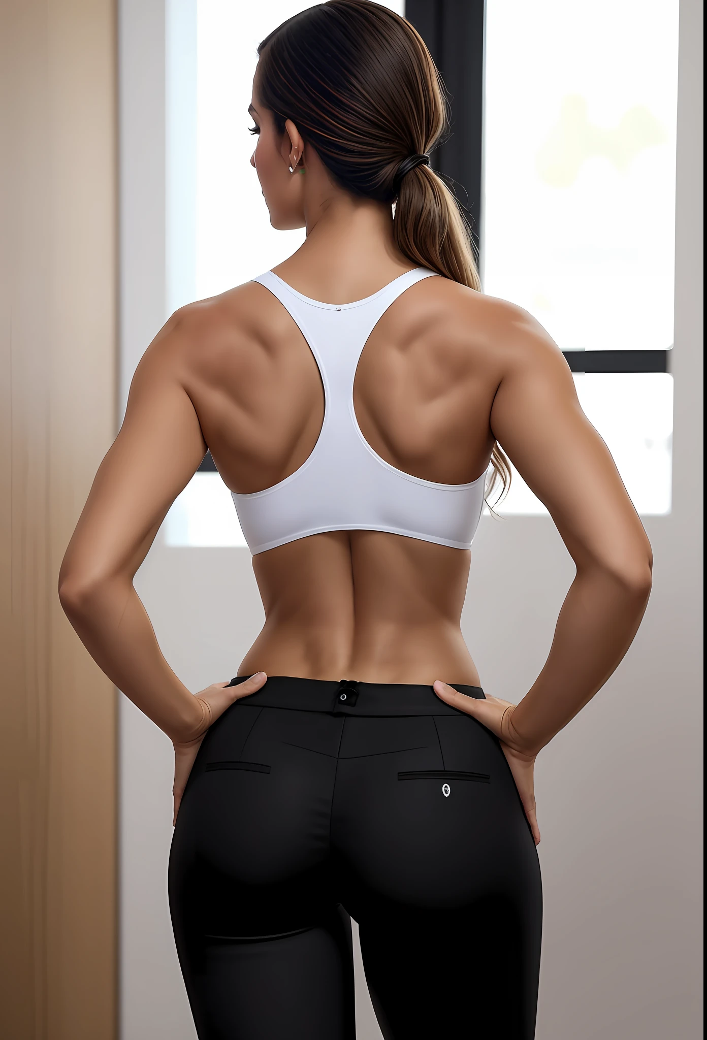 A gorgeous woman in a white top and black pants standing in a parking lot, Concentre-se nas costas, costas arqueadas, back pose, corpo em forma, costas arqueadas, menina em forma, Costas - Pneu, her back is to us, from the back, mulher em forma, from the back, corpo magro liso, Back from Toned, Muscle Tone Fit , Photo adjustment, corpo em magro sexy