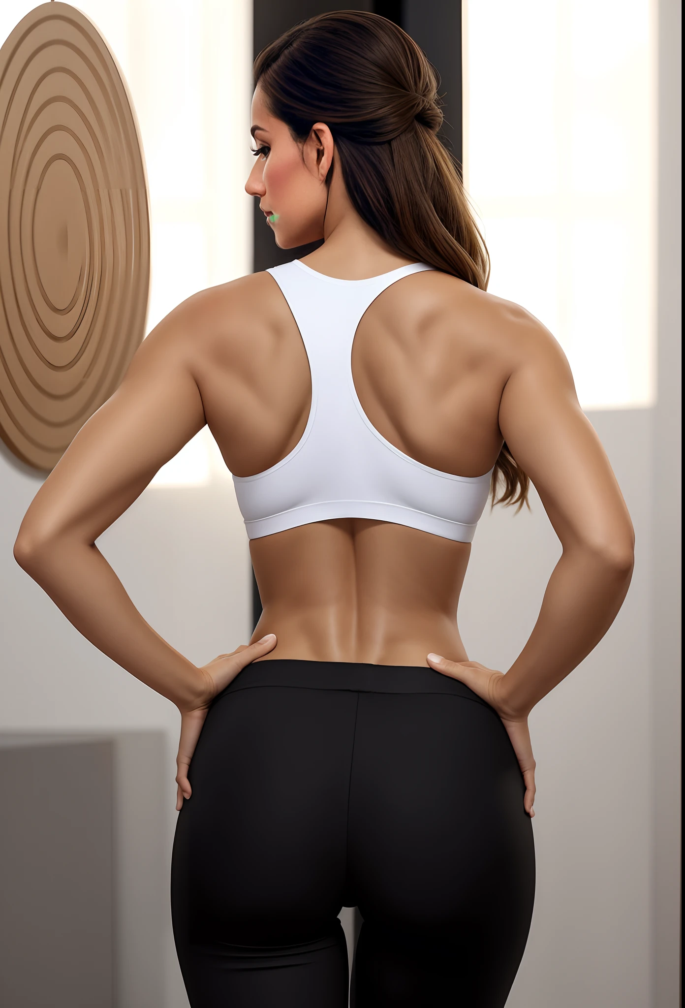 A gorgeous woman in a white top and black pants standing in a parking lot, Concentre-se nas costas, costas arqueadas, back pose, corpo em forma, costas arqueadas, menina em forma, Costas - Pneu, her back is to us, from the back, mulher em forma, from the back, corpo magro liso, Back from Toned, Muscle Tone Fit , Photo adjustment, corpo em magro sexy