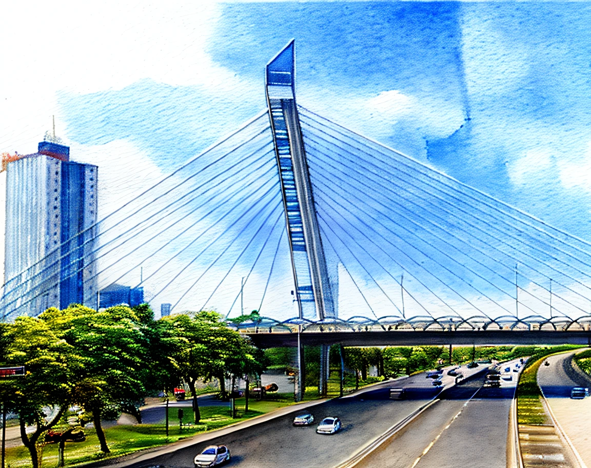 (A watercolor and pencil drawing) trees line the street in front of a building with parking, residential area, Brutalist Courtyard, belos arredores, vista das ruas, taken in the early 2020s, From a distance, ambiente tranquilo, Arredores exuberantes, empty buildings with vegetation, Films, alta resolução, (ultra detalhado), (8k,4k), natural  lightting, cores vivas