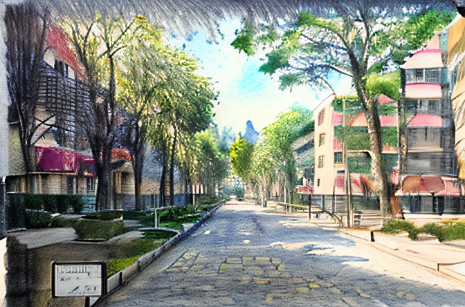 (A watercolor and pencil drawing) trees line the street in front of a building with parking, residential area, Brutalist Courtyard, belos arredores, vista das ruas, taken in the early 2020s, From a distance, ambiente tranquilo, Arredores exuberantes, empty buildings with vegetation, Films, alta resolução, (ultra detalhado), (8k,4k), natural  lightting, cores vivas
