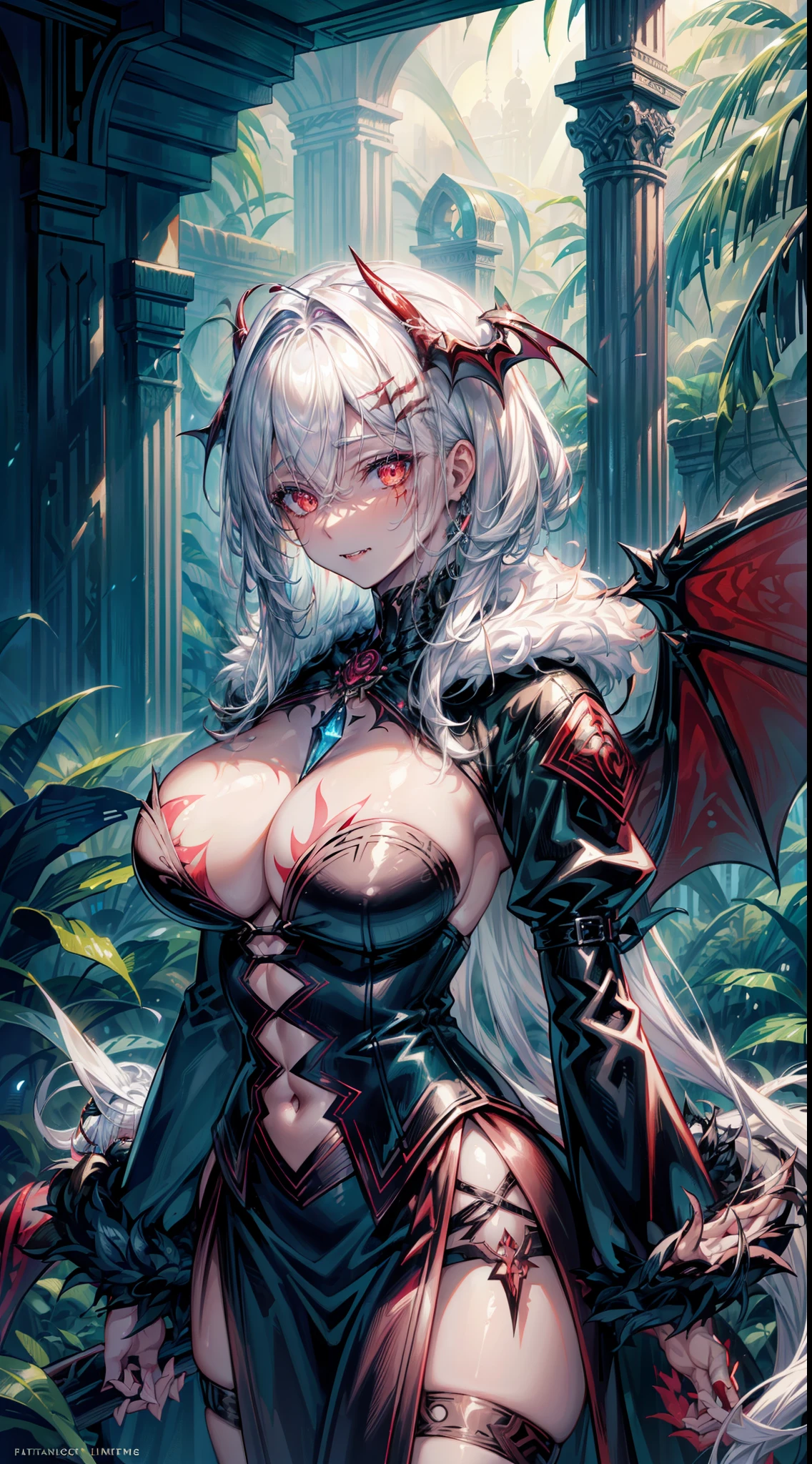 realistic photo of slaved_(savage, tribal, jungle)_vampire with (white hair), bat fur, coat|wings, ((fangs)), colorful extremely_detailed_(tribal, jungle)_tight_(lacy, leather, fur, silk, satin, latex)_(clothing, skirt), high collar, detailed face, detailed beautiful shiny red eyes, slit pupils, metallic reflections, ((tatooed, marked)_with_shining_runes)_fit_muscular_body, shiny skin, tropical city ruins fog, 1girl, natural breasts, medium length white hair, masterpiece, best quality, beautiful and aesthetic:1.2, fractal art:1.4