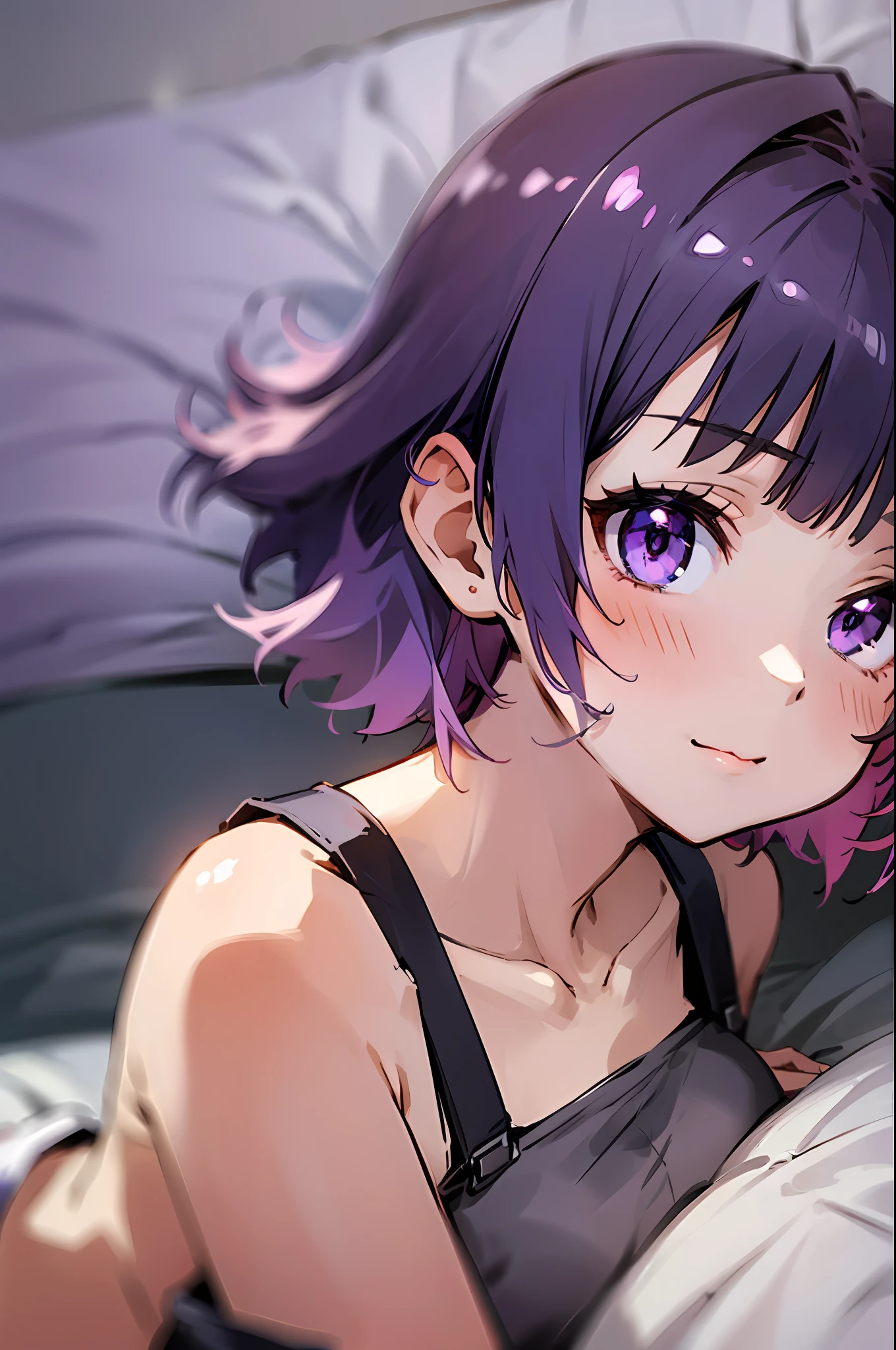 Anime girl with pink short hair and purple eyes, wearing black croptop, laying on bed, european house, perfect face, cute face, ultrasharp, 8k, masterpiece