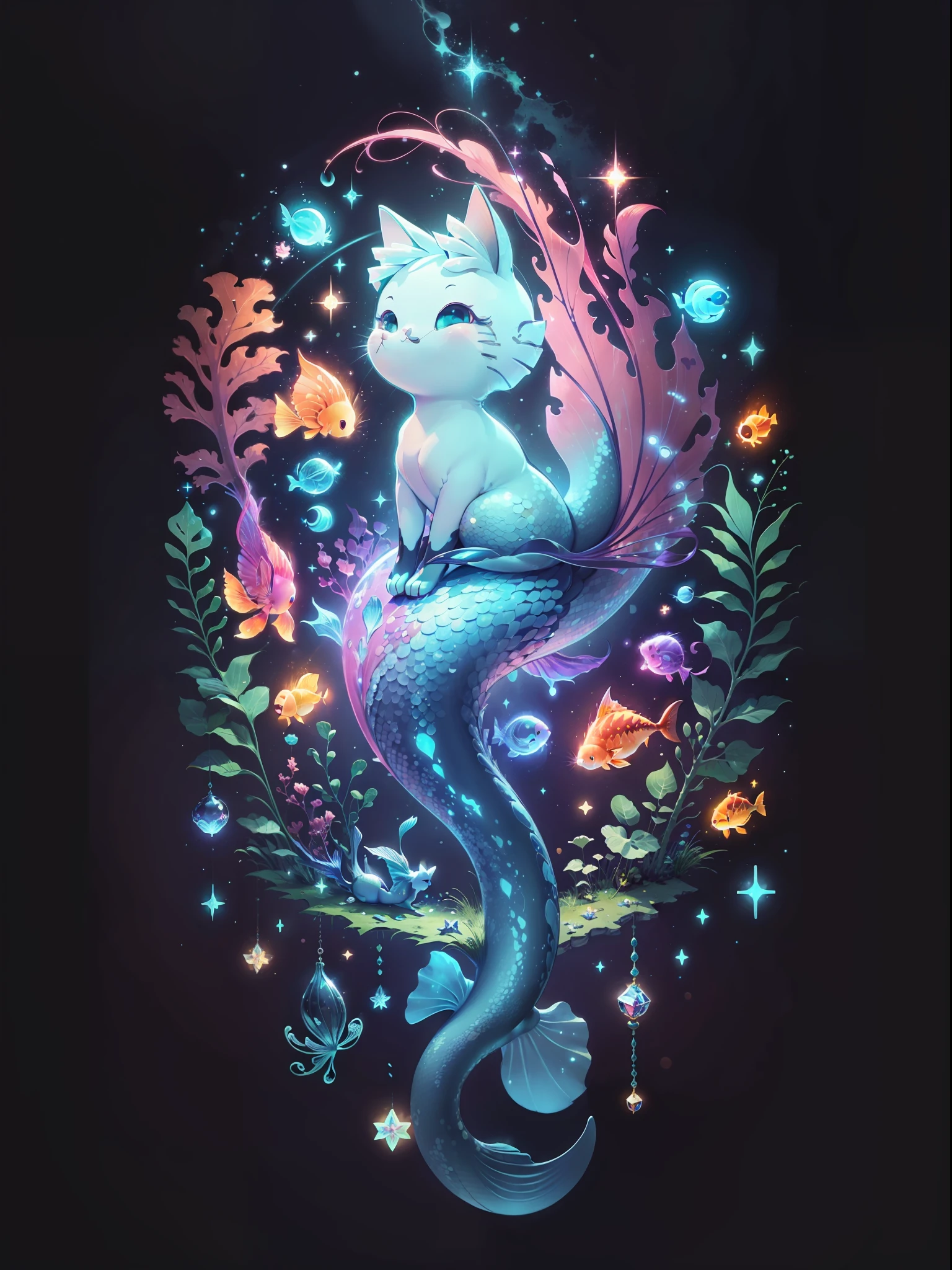 (((tmasterpiece))), 4k resolution, higly detailed, hiquality, hight resolution, ultradetailed, 8K, beste-Qualit, Cute cat with a mermaid's tail, The Little Mermaid Cat, hung beautifully in the air, among glowing fish and crystals, Fireflies, magical light, Neon