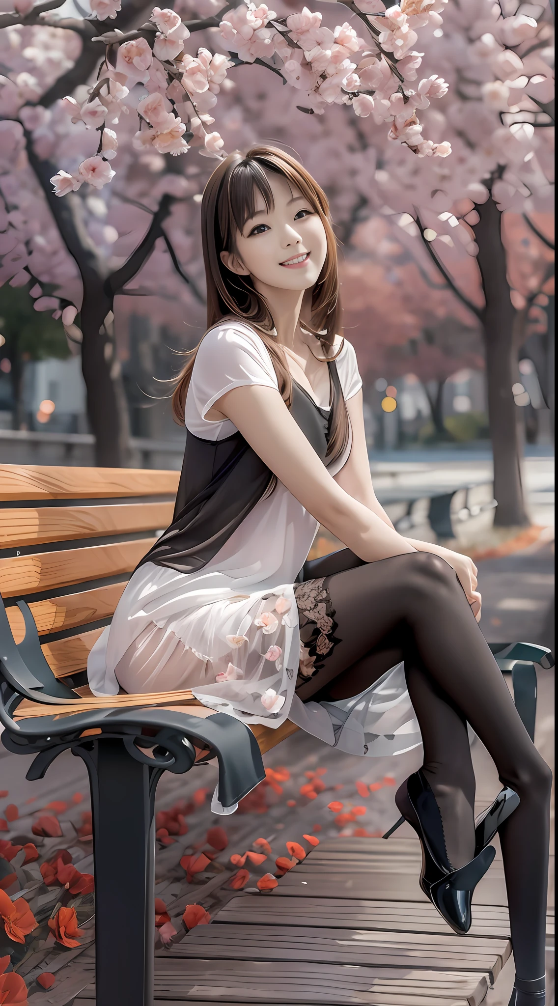 tmasterpiece,Black pantyhose with flowers,Girl sitting on a park bench,ssmile,Laid back,Light wind,Movie side light,
