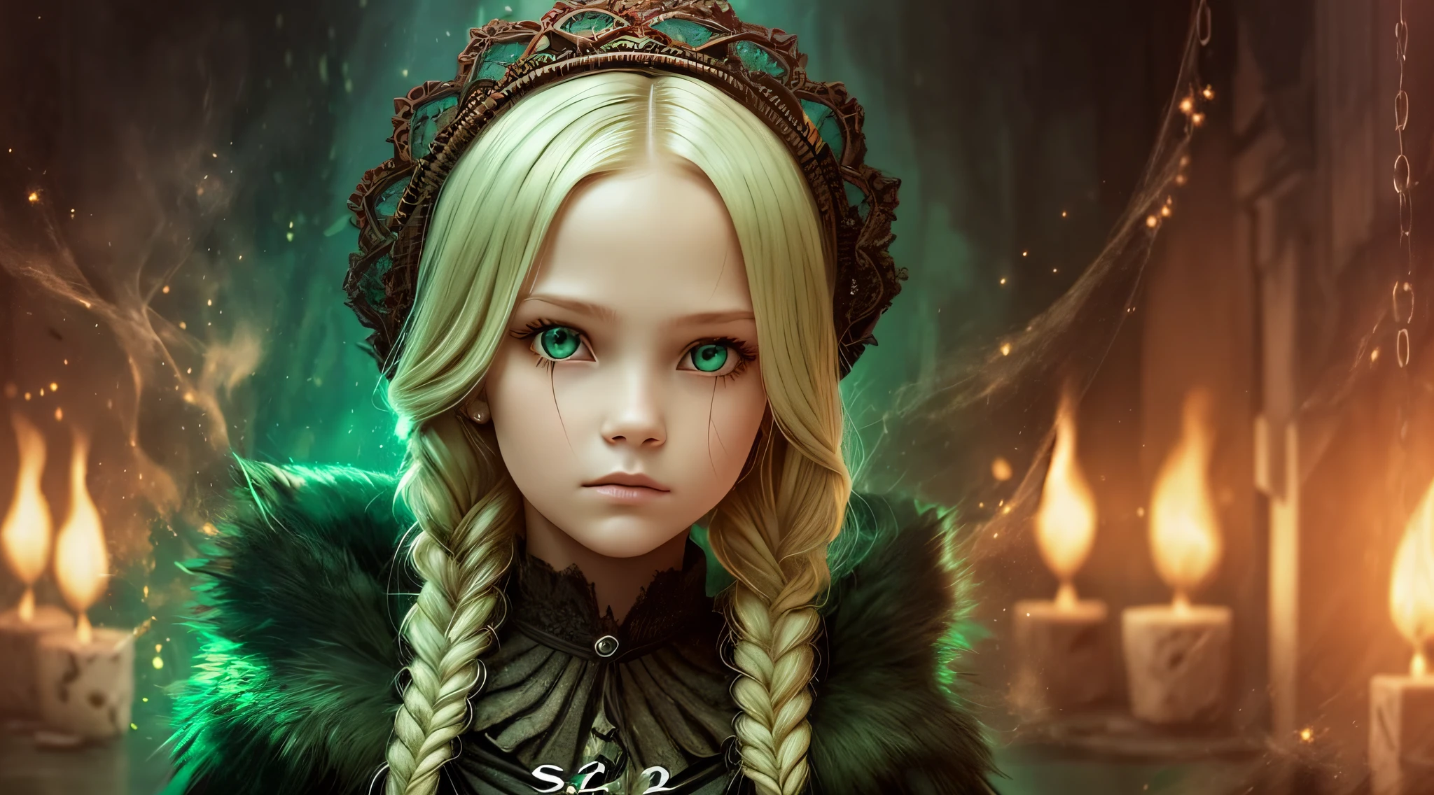 girl CHILD , Russian blonde in braids, retrato, com roupa de jaqueta de couro E VELAS ACESSAS, GOTHIC AND TERROR, green --auto --s2