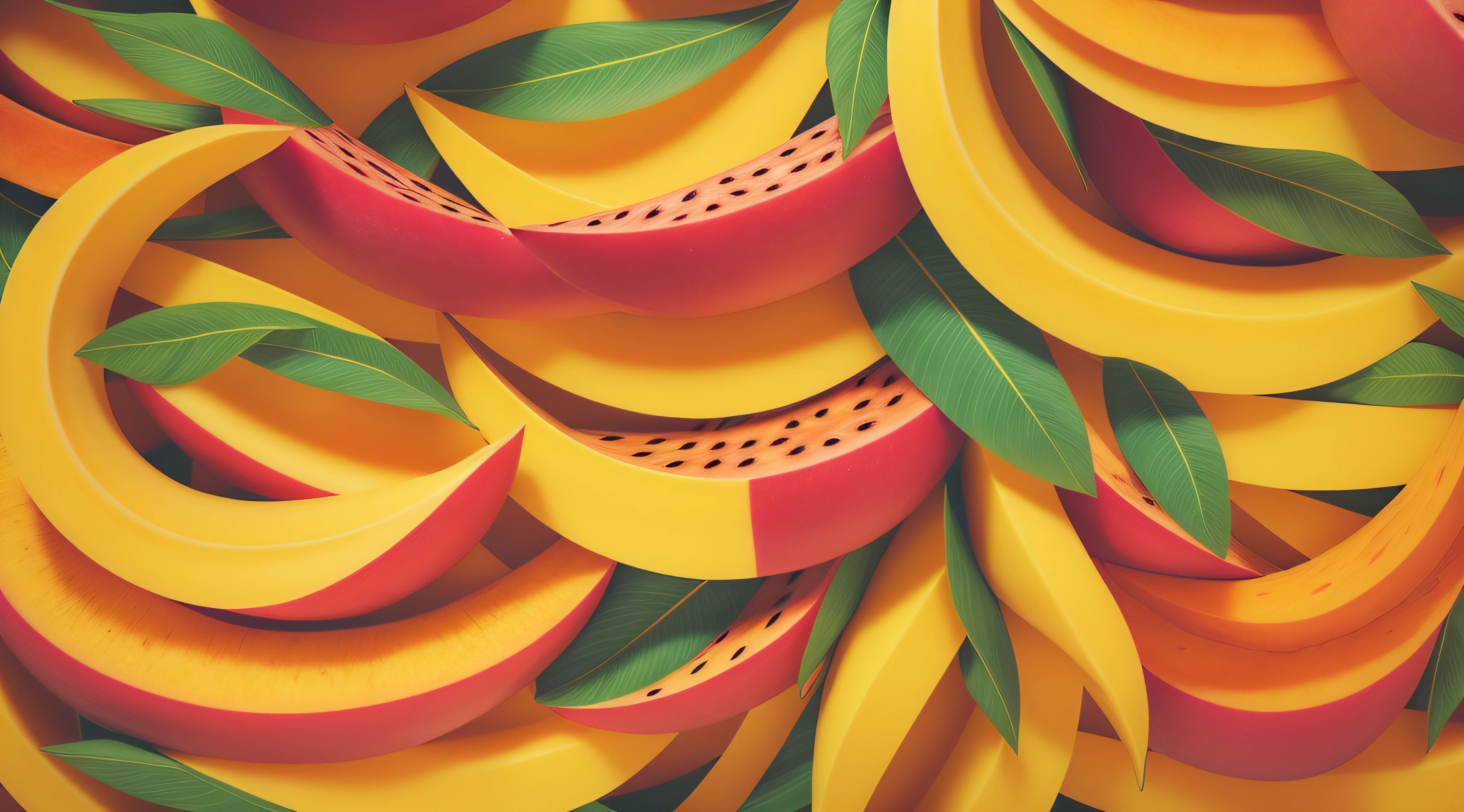 Craft an alluring and vibrant abstract background that exclusively highlights the captivating fruits provided - banana, melon, cashew, mango, pineapple, coconut, and papaya. Design an abstract scene that showcases the essence of these fruits through dynamic shapes, patterns, and colors. Each fruit should be represented using abstract elements that symbolize its unique characteristics. Consider using flowing lines, bold shapes, and intricate patterns to suggest the presence of the banana, melon, cashew, mango, pineapple, coconut, and papaya.
Make sure that the composition remains entirely devoted to these fruits, without any inclusion of explicit imagery, human figures, or suggestive content. Maintain a tasteful and artistic approach, emphasizing the fruits' natural beauty and diversity. The objective is to create a visually engaging abstract artwork that pays homage solely to the specified fruits in an imaginative and non-objectifying manner.