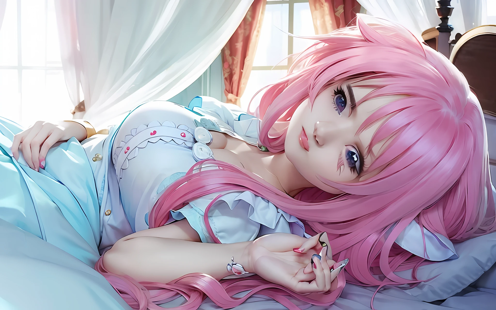 1girl, dog ear, sleep, pink hair, bedroom