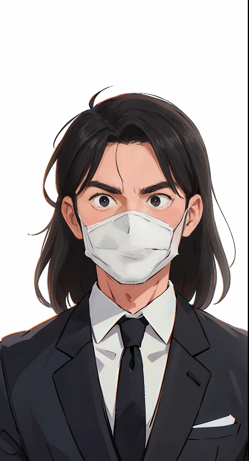 men, black suit, medium hair length, wear mask, white background, blank background,