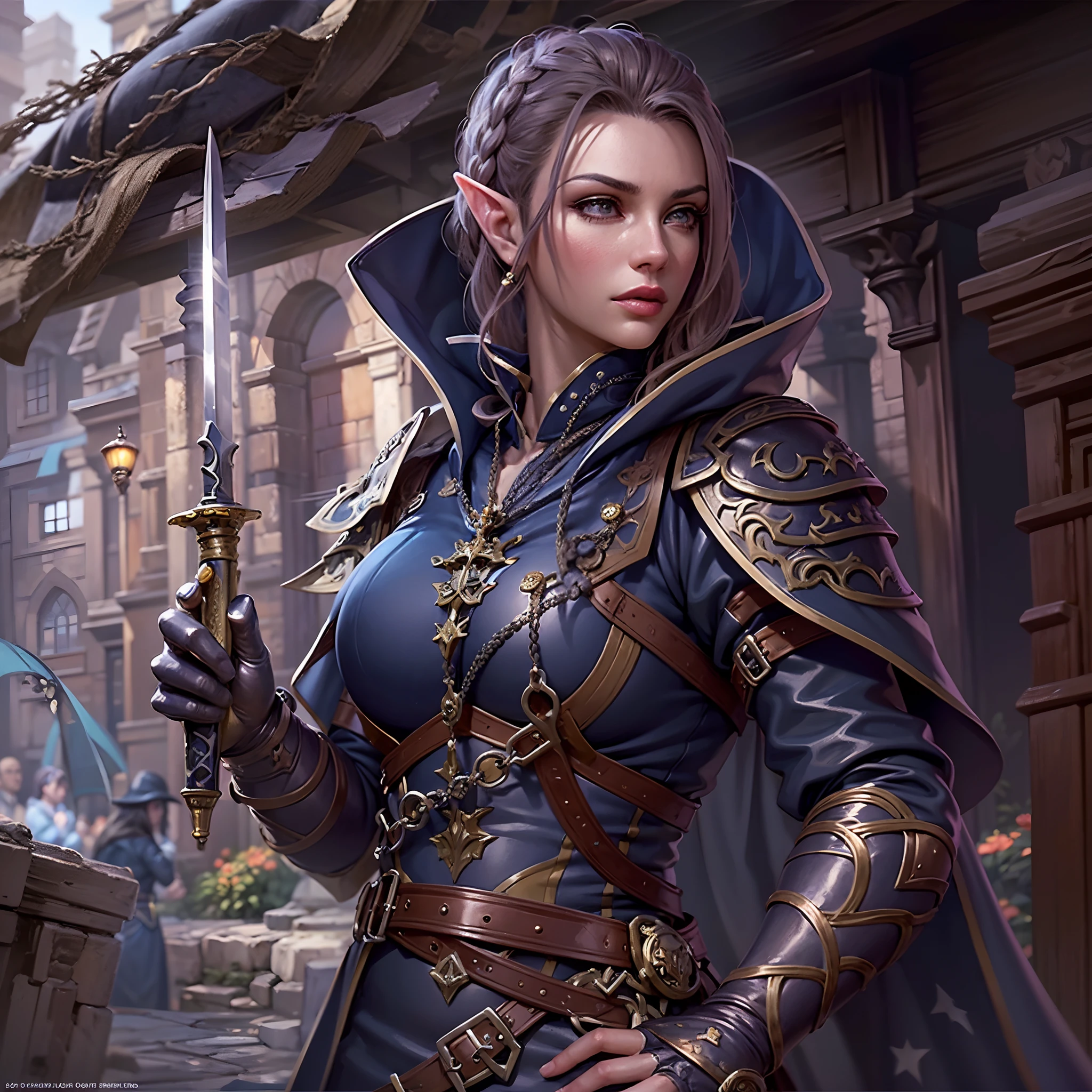 a picture of a female elf (intense details, Masterpiece, best quality: 1.5) fantasy swashbuckler, fantasy fencer, armed with a slim sword, shinning sword, metallic shine, colorful clothes, an ultra wide shot, full body (intense details, Masterpiece, best quality: 1.5)epic beautiful female elf (intense details, Masterpiece, best quality: 1.5), rich hair, braided hair, small pointed ears, fantasy urban street (intense details, Masterpiece, best quality: 1.5),  purple cloak  (intense details, Masterpiece, best quality: 1.5), long cloak (intense details, Masterpiece, best quality: 1.5), elven leather armor  (intense details, Masterpiece, best quality: 1.5) sense of daring, sense of adventure,  high details, best quality, 8k, [ultra detailed], masterpiece, best quality, (extremely detailed), dynamic angle, ultra wide shot, photorealistic, RAW, fantasy art, dnd art,fantasy art, realistic art,