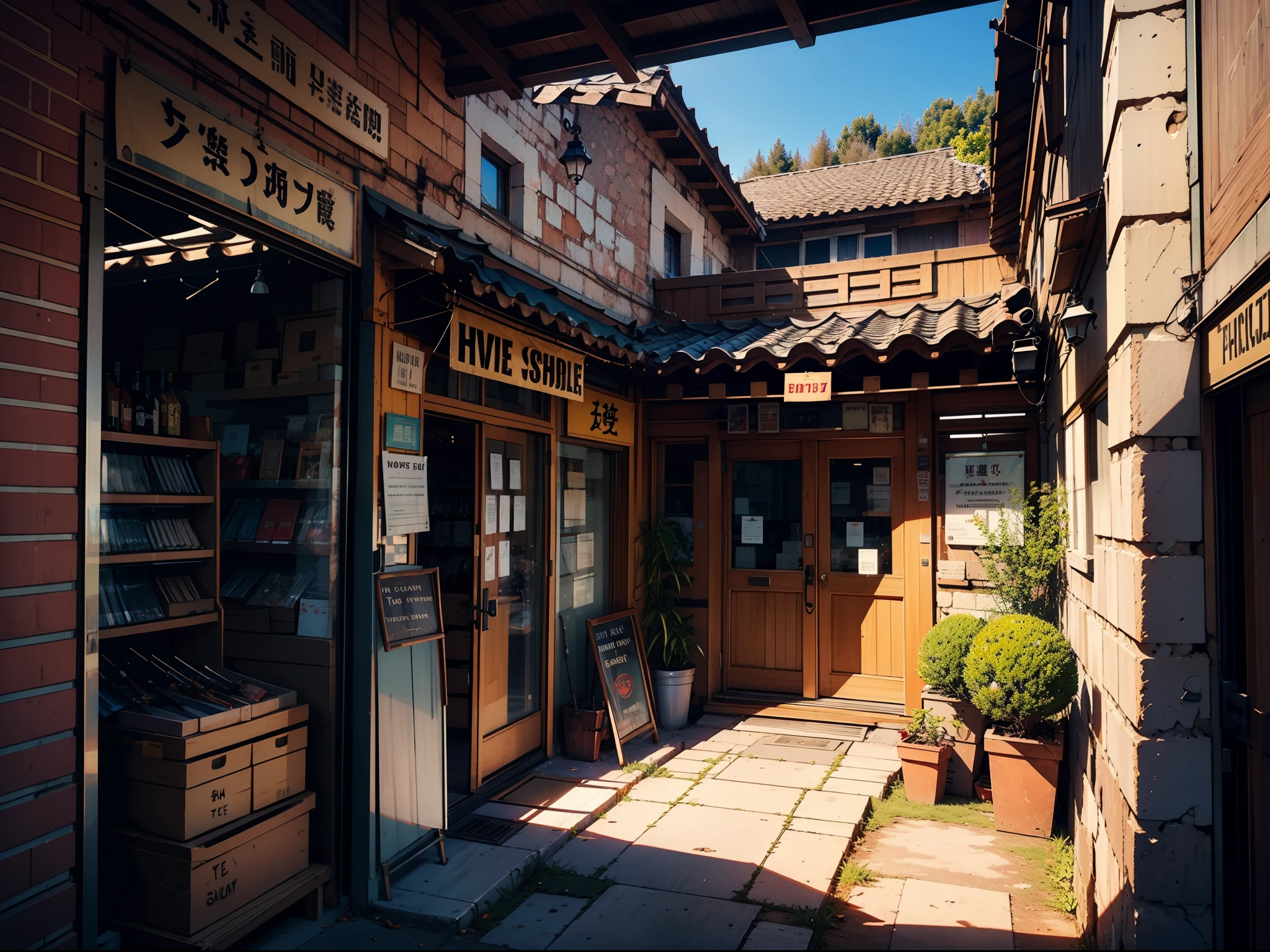 Outside view、Entrance to the brick building、Weapons Shop、Western-style room、Italy、Spain、Weapons store sign、Hanging Sign、in isekai、The door is open and、、、、、、、I see a weapon behind me.、unmanned、No humans、no Animal、leisure、Silence、during daytime、hiquality、It was real、Signs like weapons shops、Old buildings、Old West、Weapons outside the store、Western Europe、Norse man