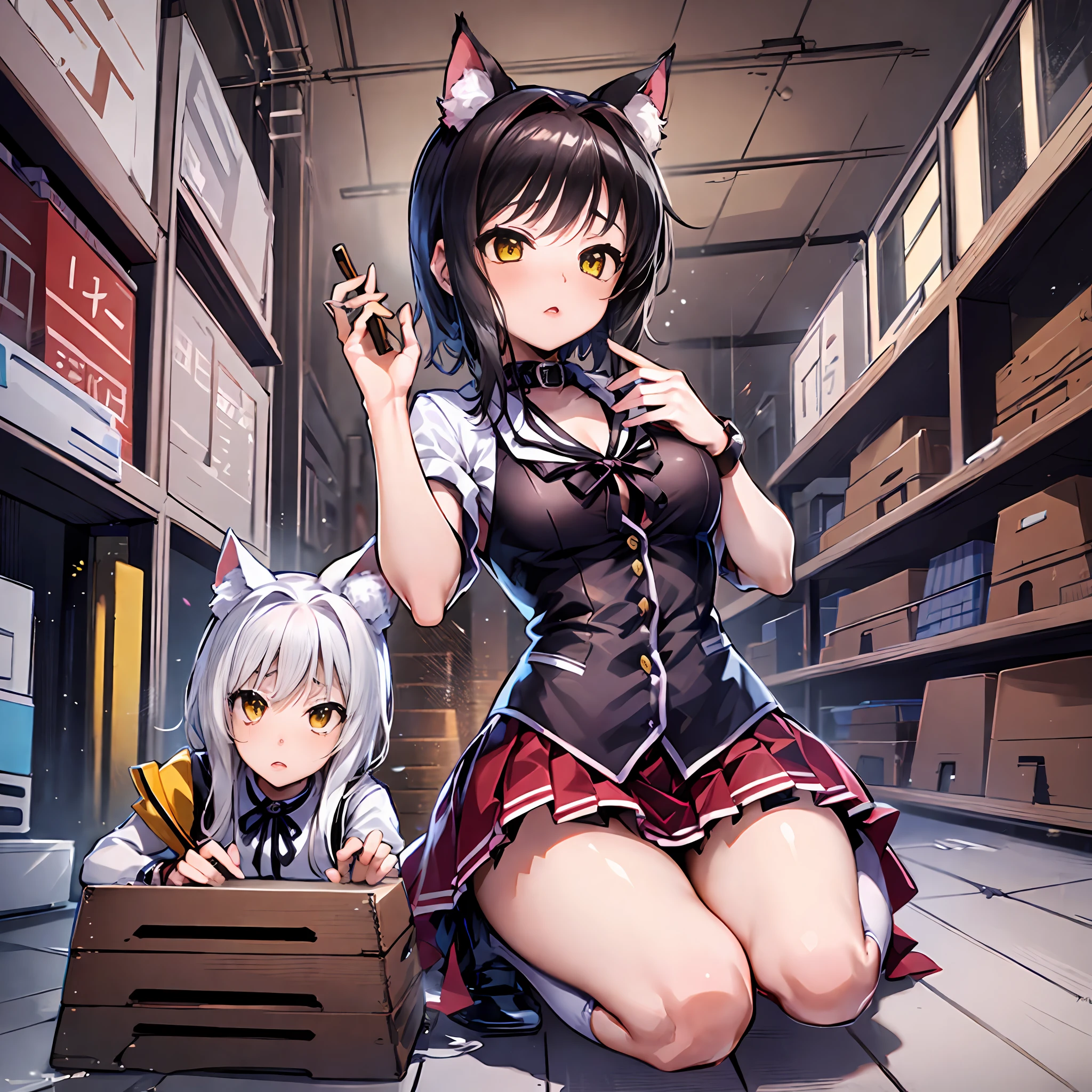 gym storeroom, Koneko Toujou (DXD), 1girl, white cat ears, (classic uniform), white cat tail, school hallway, red skirt, small breasts, black ribbon,, masterpiece, best quality, highly detailed