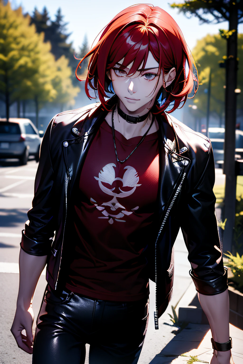 1 boy, 独奏, Castiel, red hair, shoulder-length hair, gray eyes, black leather jacket, black jeans, red t-shirt, Bob hairstyle, jour, day light, , trees, Sun, Forest Park