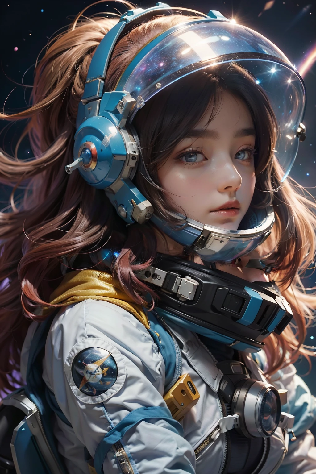 Digital drawing of a beautiful cute attractive magical fantasy astronaut woman, Big colorful long hair on the helmet, with whole body visible, Tight astronaut suit, Stardust, Background galaxy, Ultra-high quality clarity, 32K, HD, --AR 3:4 --s 750 --v 5.2