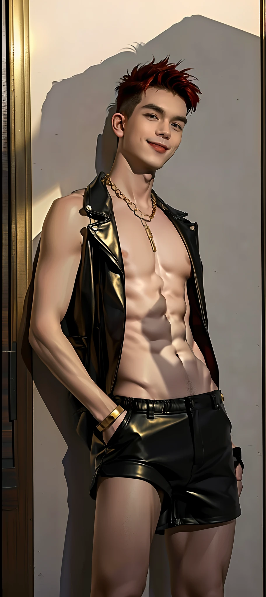 A shirtless 25 year old male kinky kinky cheap gay with streetwise looks and demeanor and streetwise hustler posture, black long hair to his shoulders , tight red short shorts for men very very tight and tiny and short, wearing gold chains around his neck like a cheap white trash street prostitute, gay sexy male hustler. WHAT: Awesome , beautiful. Let's do this again. You are following the idea. Again, modify his shorts. Make them red leather,,,, cool and trendy. Give me four new fashion ideas for his shorts. red leather with gold trim, etc make them fancy, and make them about two inches longer in length. Smile smile smile. 2" inseam
