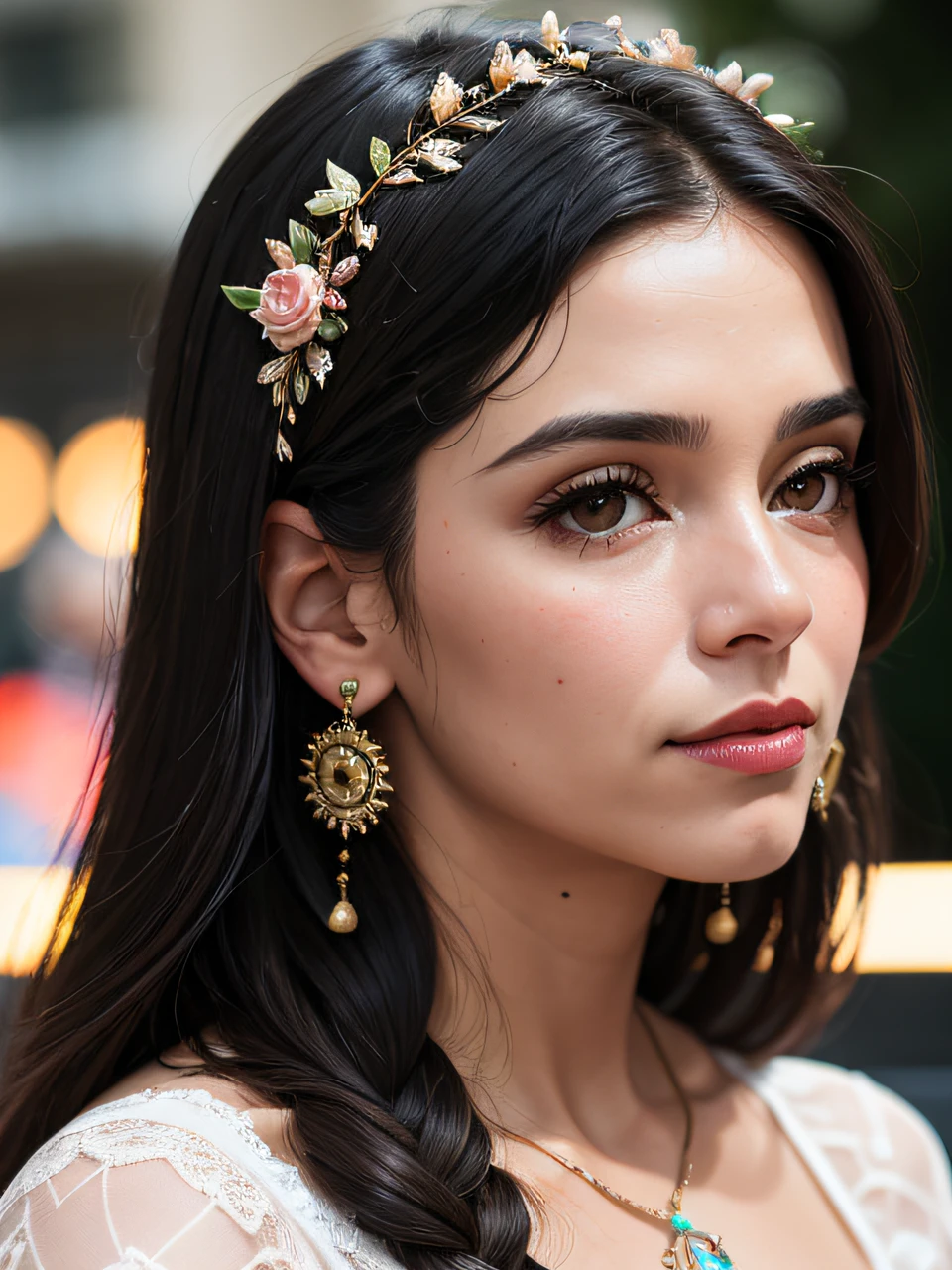 um close up de uma mulher com longos cabelos pretos e um vestido rosa, orelha de pena, brincos enormes e maquiagem queer, usando brincos ornamentados, brinco, Brincos, inspired by Gina Pellón, Divirta-se. vibrante, inspired by Verónica Ruiz de Velasco, Por Reyna Rochin, Brincos, Alanis Guillen, non blurry