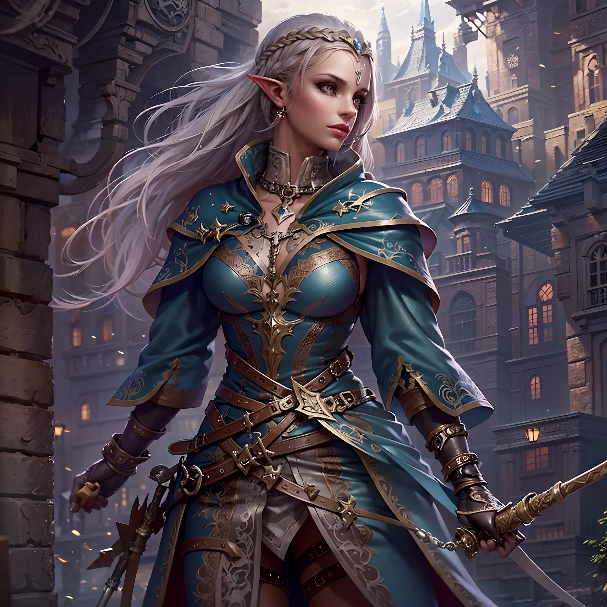 a picture of a female elf (intense details, Masterpiece, best quality: 1.5) fantasy swashbuckler, fantasy fencer, armed with a slim sword, shinning sword, metallic shine, colorful clothes, an ultra wide shot, full body (intense details, Masterpiece, best quality: 1.5)epic beautiful female elf (intense details, Masterpiece, best quality: 1.5), rich hair, braided hair, small pointed ears, fantasy urban street (intense details, Masterpiece, best quality: 1.5),  purple cloak  (intense details, Masterpiece, best quality: 1.5), long cloak (intense details, Masterpiece, best quality: 1.5), elven leather armor  (intense details, Masterpiece, best quality: 1.5) sense of daring, sense of adventure,  high details, best quality, 8k, [ultra detailed], masterpiece, best quality, (extremely detailed), dynamic angle, ultra wide shot, photorealistic, RAW, fantasy art, dnd art,fantasy art, realistic art,