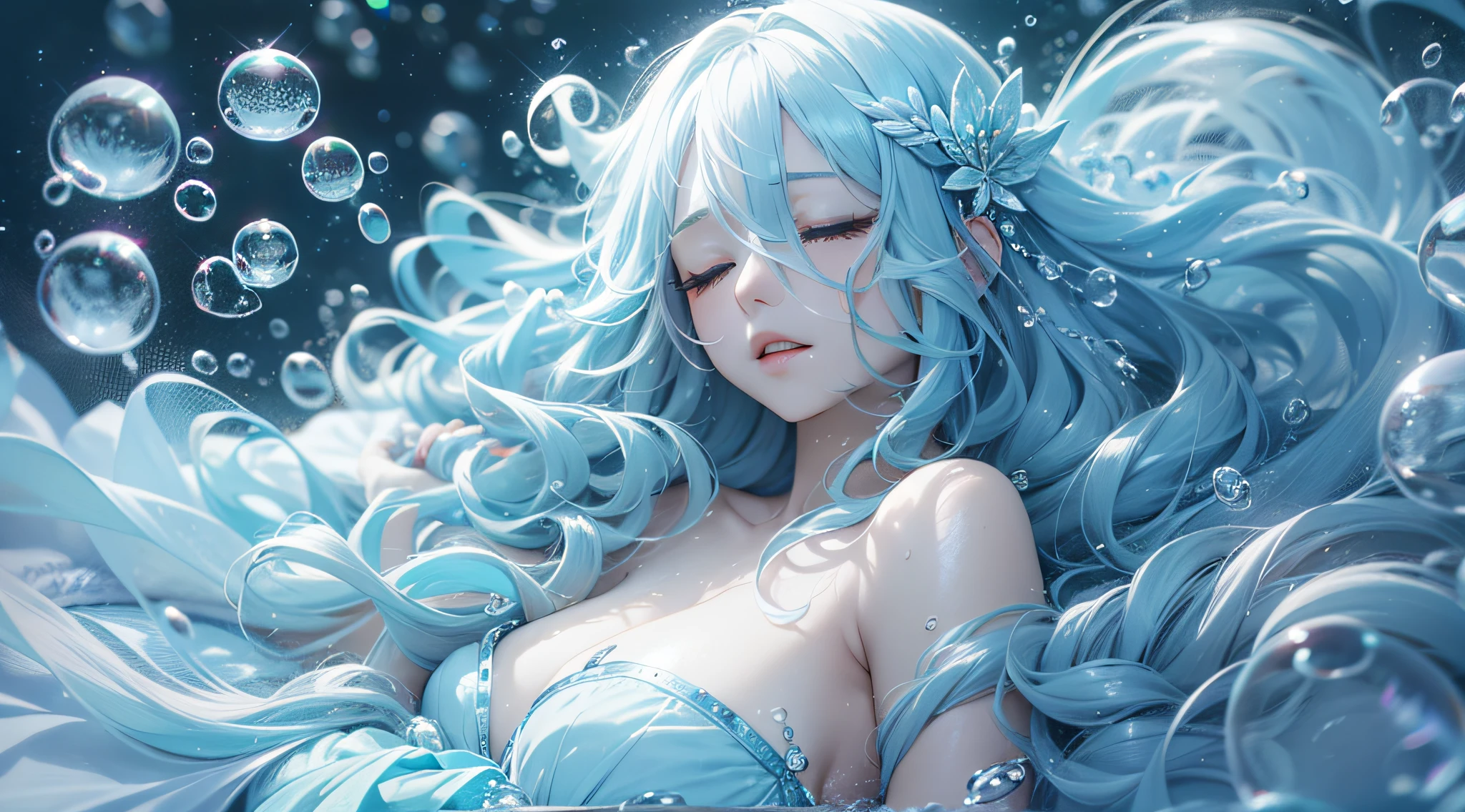 Beautiful water goddess with long light blue hair collapses on a bed of bubbles with sleepy eyes、masterpiece、realisitic