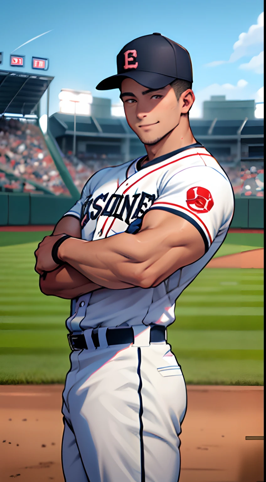 (tmasterpiece,Best quality at best),1人,30 age old,musculous,short military cut,with brown eye,ssmile,iintricate,baseball stadium,full bodyesbian,Chubby figure,White baseball uniform,vivd colour,(depth of fields:1.4),(Abs),jumpping,