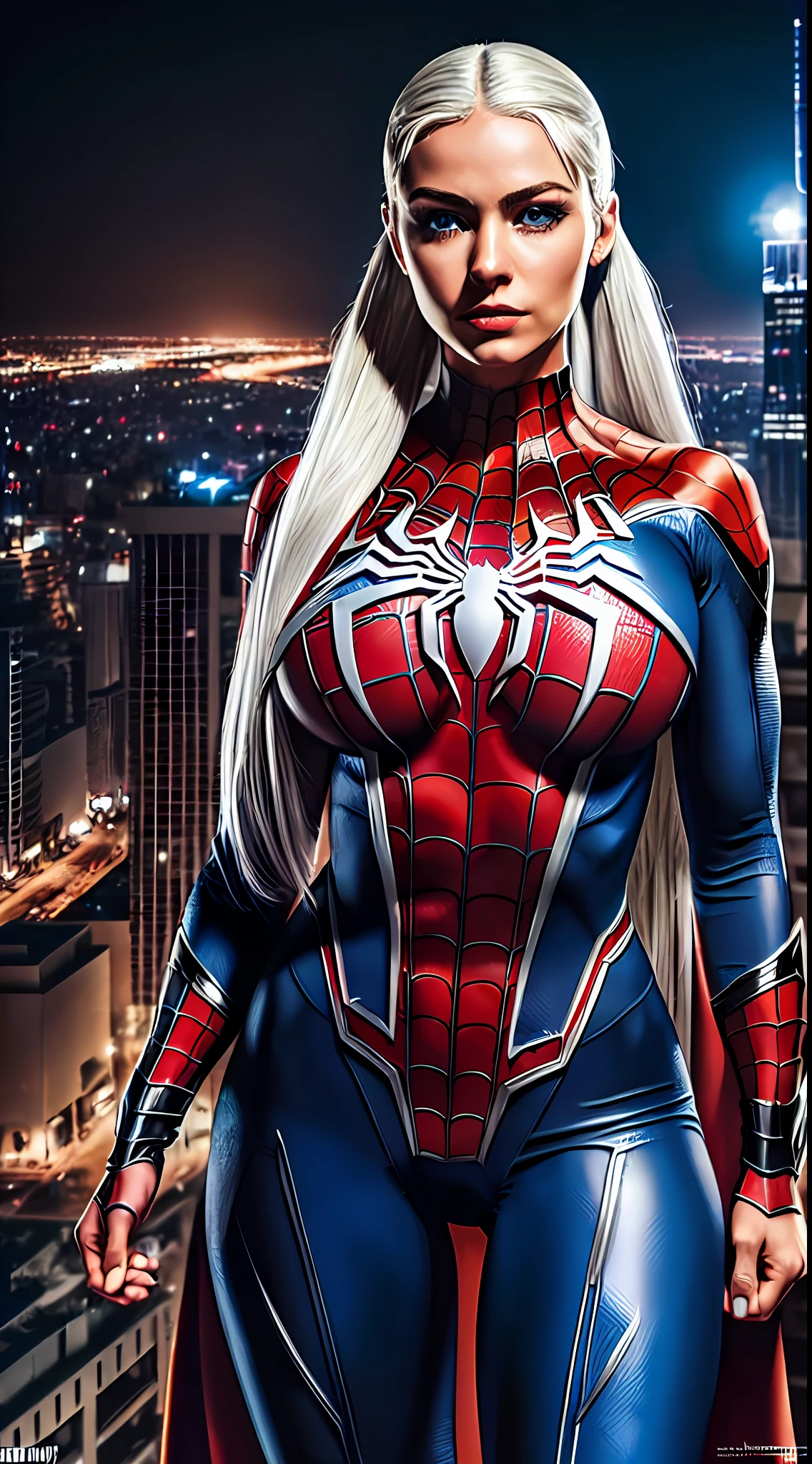 (masterpiece:1.4), (8k, photorealistic, RAW photo, best quality: 1.4), japanese, (1girl), beautiful face, (realistic face:1.4), (white hair, ponytailed long hair:1.3), beautiful hairstyle, beautiful detailed eyes, (best ratio eyes:1.5), attractive, ultra high res, ultra realistic, highly detailed, best ratio, (detailed face:1.4), looking at viewer, red lipsticks, (best ratio fingers:1.5), (White superhero theme, charismatic, there's a girl on top of town, wearing transparent lingerie Spider-Man costume, she's a superhero), [ ((25 years), full body, (realistic blue eyes:1.2), ((Spider-Man pose), show of strength, jumping from one building to another), ((sandy urban environment):0.8)| (cityscape, at night, dynamic lights), (full moon))] # Explanation: The Prompt mainly describes a 4K painting of ultra-high definition, very realistic, very detailed. It shows a superheroine at the top of the city, wearing a Spider-Man costume. The theme in the painting is a white superhero theme, the female protagonist has long white hair, is 25 years old and her entire body is shown in the painting. In terms of portraying the actions of superheroines, spiders are employed, (no bra:1.4), perky_nipples, ((exposed_nipples, exposed breasts, high proportional realistic breasts, realistic big breasts):1.4), (closed mouth:1.4), (camel_toe_pussy:1.4), innie_pussy, spider-man cloak,