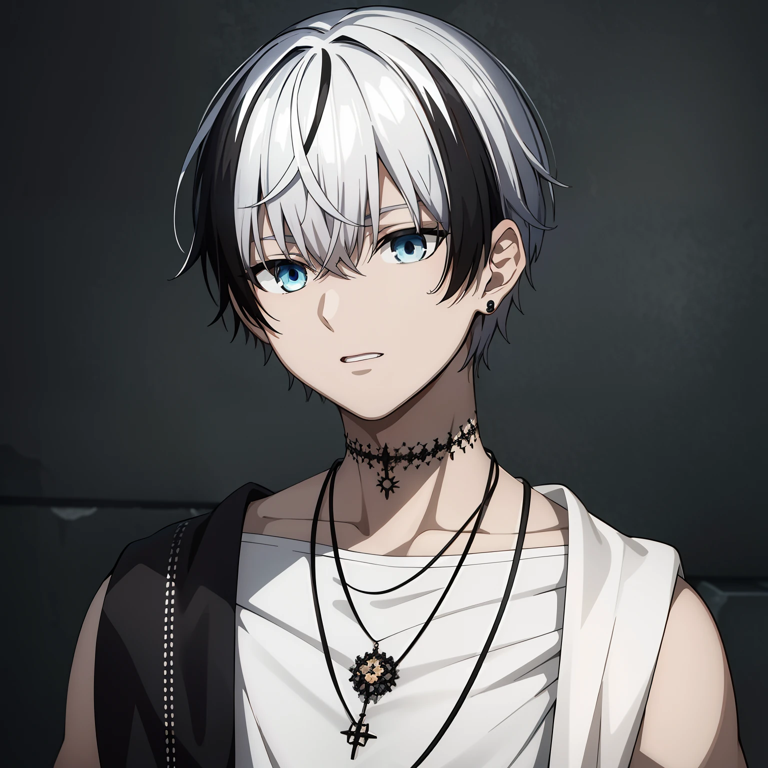 masterpiece, best quality, high quality, shinoyama_polka, 1boy, solo, male focus, upper body, looking at viewer, shirt, two-tone hair, white hair, black hair, jewelry, white_shirt, necklace, scar, absolutely stunning art, extremely detailed eye's,