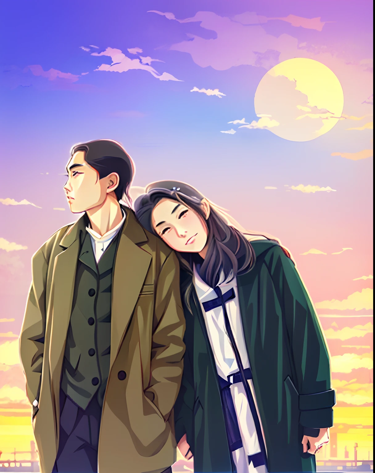 anime style, friendship, romantic, studio Ghibli, beautiful eyes, perfect face, ambient background, coat, asians, perfect art, super cartoon, drawing, beautiful eyes and detailed face, masterpiece side light, masterpiece, best quality, detailed, high-resolution illustration