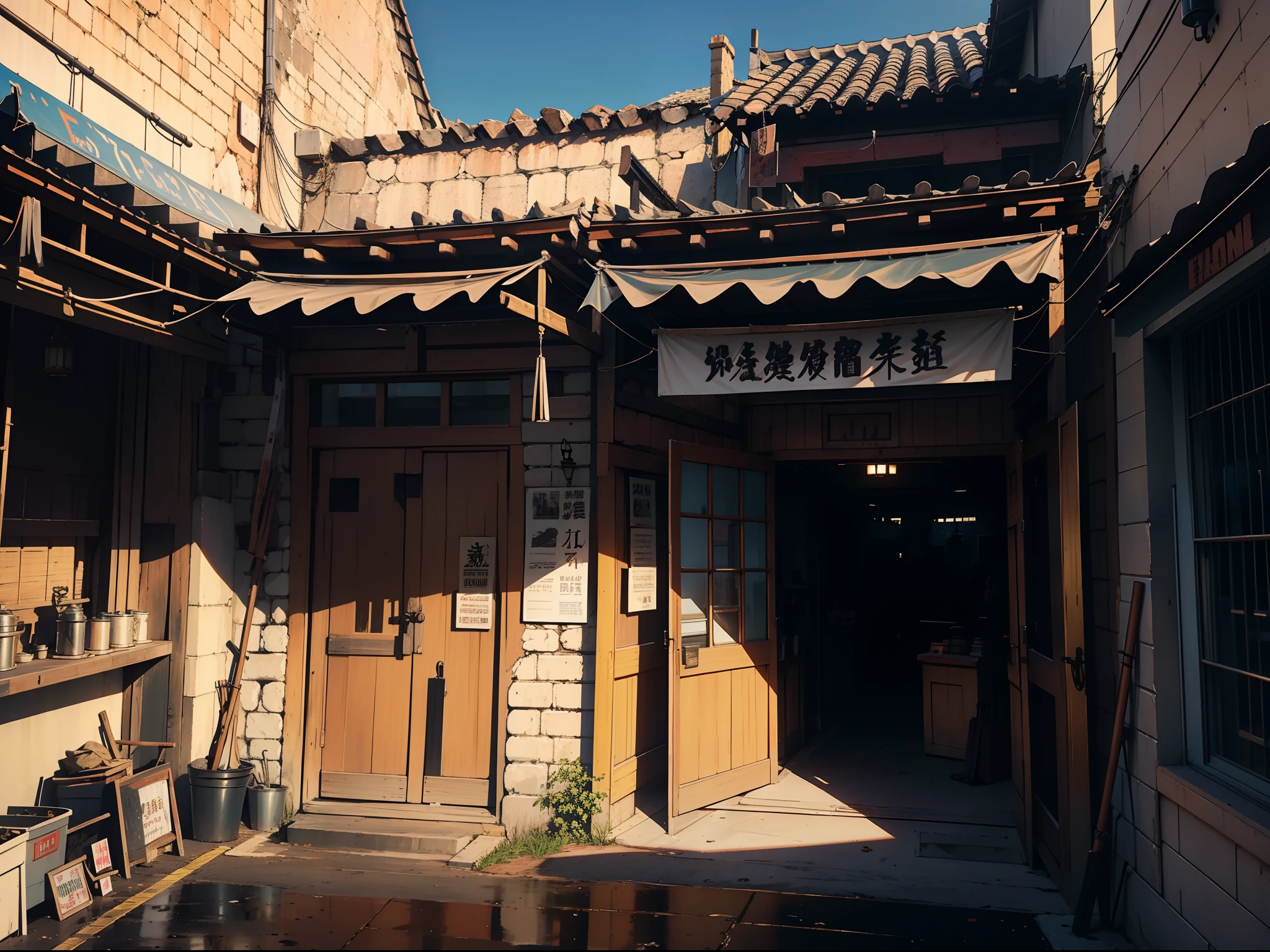 Outside view、Entrance to the brick building、Weapons Shop、Western-style room、Italy、Spain、Weapons store sign、Hanging Sign、in isekai、The door is open and、、、、、、、、I see a weapon behind me.、unmanned、No humans、no Animal、leisure、Silence、during daytime、hiquality、It was real、Signs like weapons shops、Old buildings、Old West、Weapons outside the store、Western Europe、Norse man、No windows、Fade the shadow、Lower contrast、Weak sunlight、