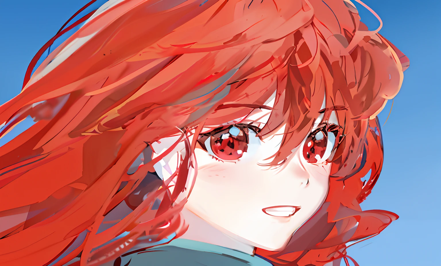 Redhead red-eyed anime girl, Created by Anime Painter Studio, Anime style shadows, Anime style portrait, Red eyes, semirealistic anime style, anime art style, Digital illustration, Paint tools, Close-up of young anime girls