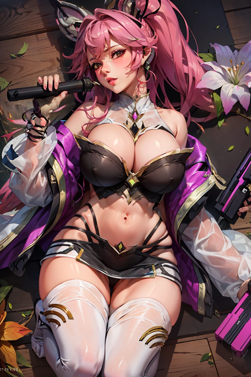 1girl, looking at viewer, upper body, 3D, realistic, large breasts, excessively frilled princess, jewelry, ornament, flower, lace trim, masterpiece, best quality, 8k, detailed skin texture, detailed cloth texture, beautiful detailed face, intricate details, ultra detailed, rim lighting, side lighting, cinematic light, ultra high res, 8k uhd, film grain,best shadow, delicate, RAW, visible pussy, NSFW, sexy, colorful hair, bottom clothes less