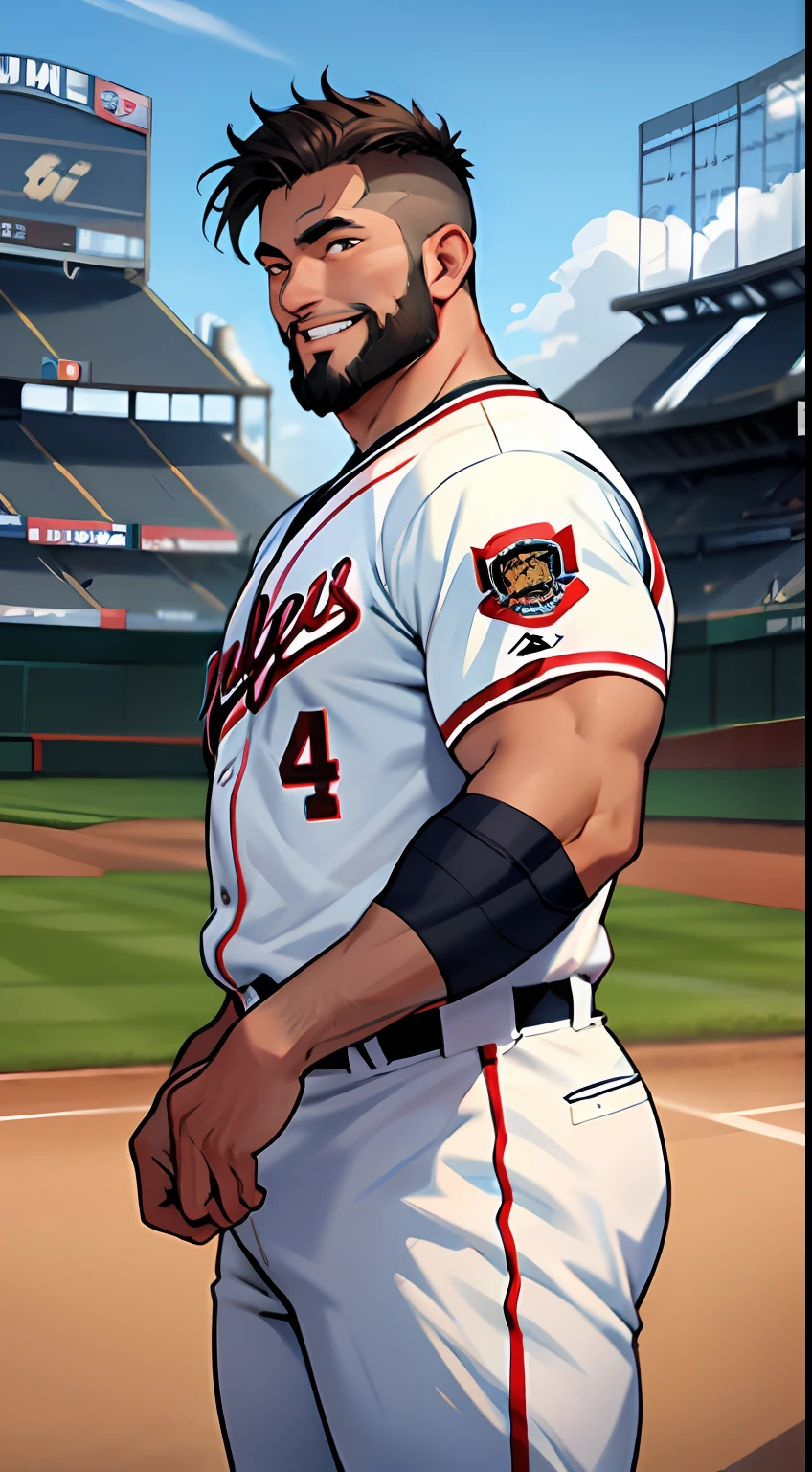 （tmasterpiece，Best quality at best），1人，32years old，musculous，Short army cut，Short beard，with brown eye，ssmile，iintricate，baseball stadium，full bodyesbian，Chubby figure，White baseball uniform，vivd colour，（depth of fields：1.4），（Abs），jumpping，