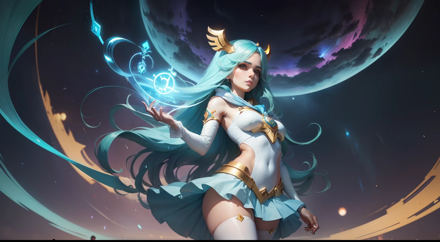 Crie uma linda mulher, Sona, de League of Legends, personagem anime, Sailor Guardian Clothing, menina do zodiaco, white pantyhose, teclado musical ornamentado, aurora boreal