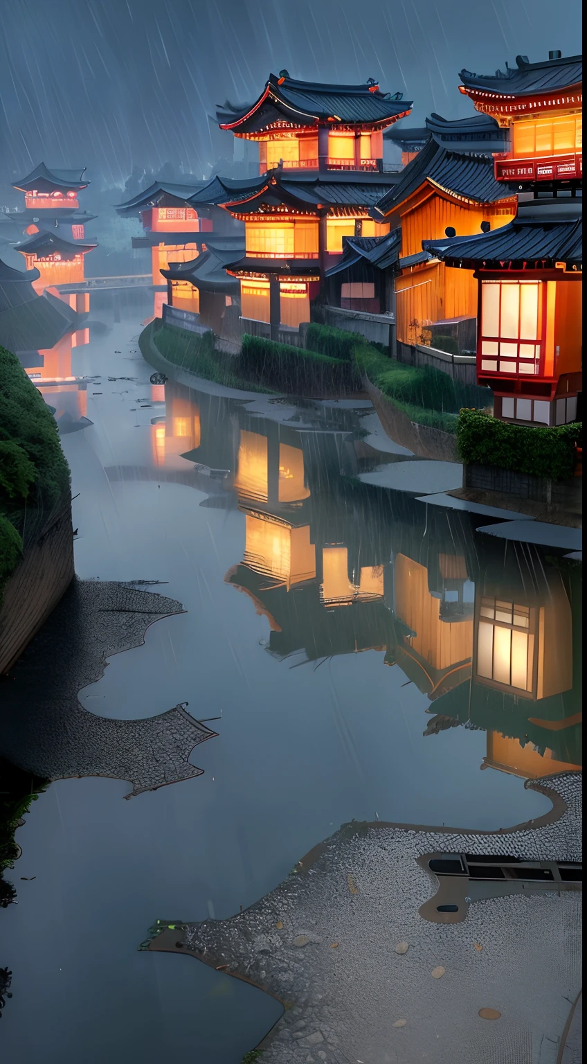 arafed view of a village with a lot of lights on the buildings, dreamy chinese town, chinese village, amazing wallpaper, japanese town, japanese village, hyper realistic photo of a town, old asian village, japanese city, by Raymond Han, rainy evening, cyberpunk chinese ancient castle, beautifully lit buildings, at evening during rain, beautiful and aesthetic, photography, cinematic, 8k, high detailed ((Heavy rain)))