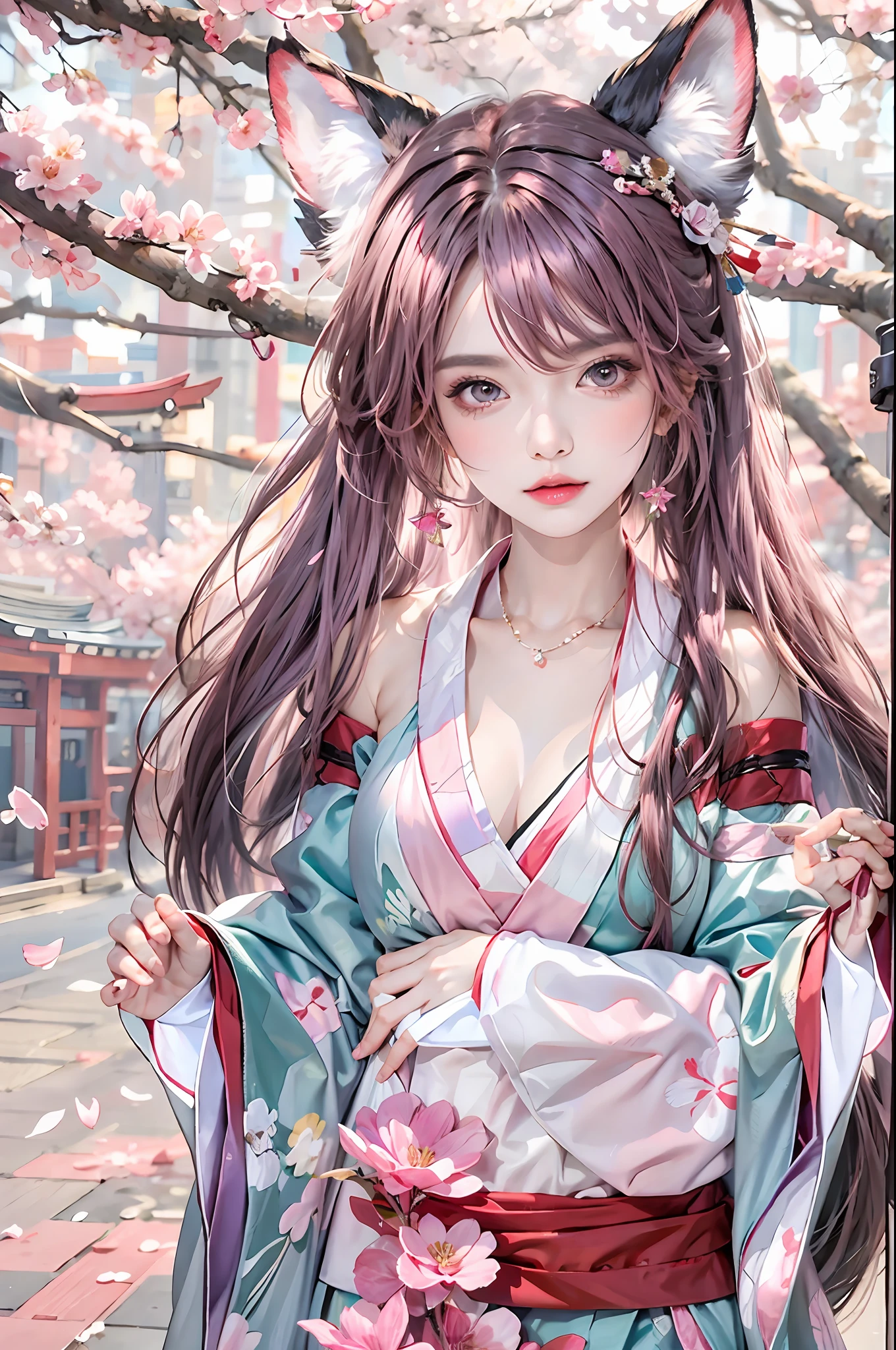photorealistic, high resolution, 1women, solo, hips up, look at viewer, yae miko, animal ears, bare shoulders, blush, breasts, cherry blossoms, closed mouth, detached sleeves, earrings, flower, fox ears, gem, hair between eyes, hair ornament, hand up, japanese clothes, jewelry, kimono, long hair, looking at viewer, medium breasts, miko, nontraditional miko, pink eyes, pink flower, pink hair, purple gemstone, short kimono, sidelocks