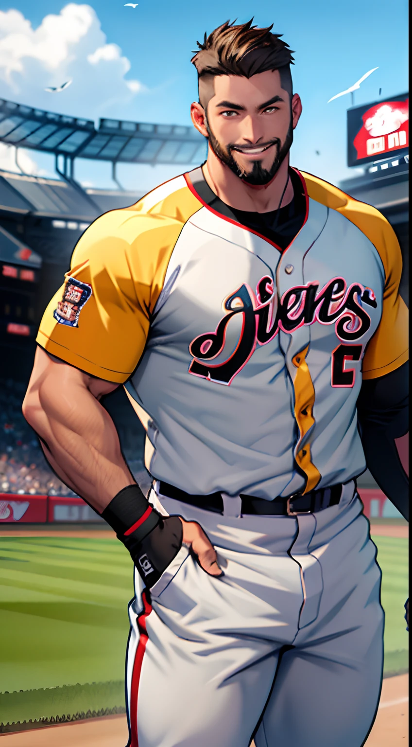 (tmasterpiece,Best quality at best),1人,32years old,musculous,Short army cut,Short beard,with brown eye,ssmile,iintricate,baseball stadium,full bodyesbian,Chubby figure,White baseball uniform,vivd colour,(depth of fields:1.4),(Abs),jumpping,