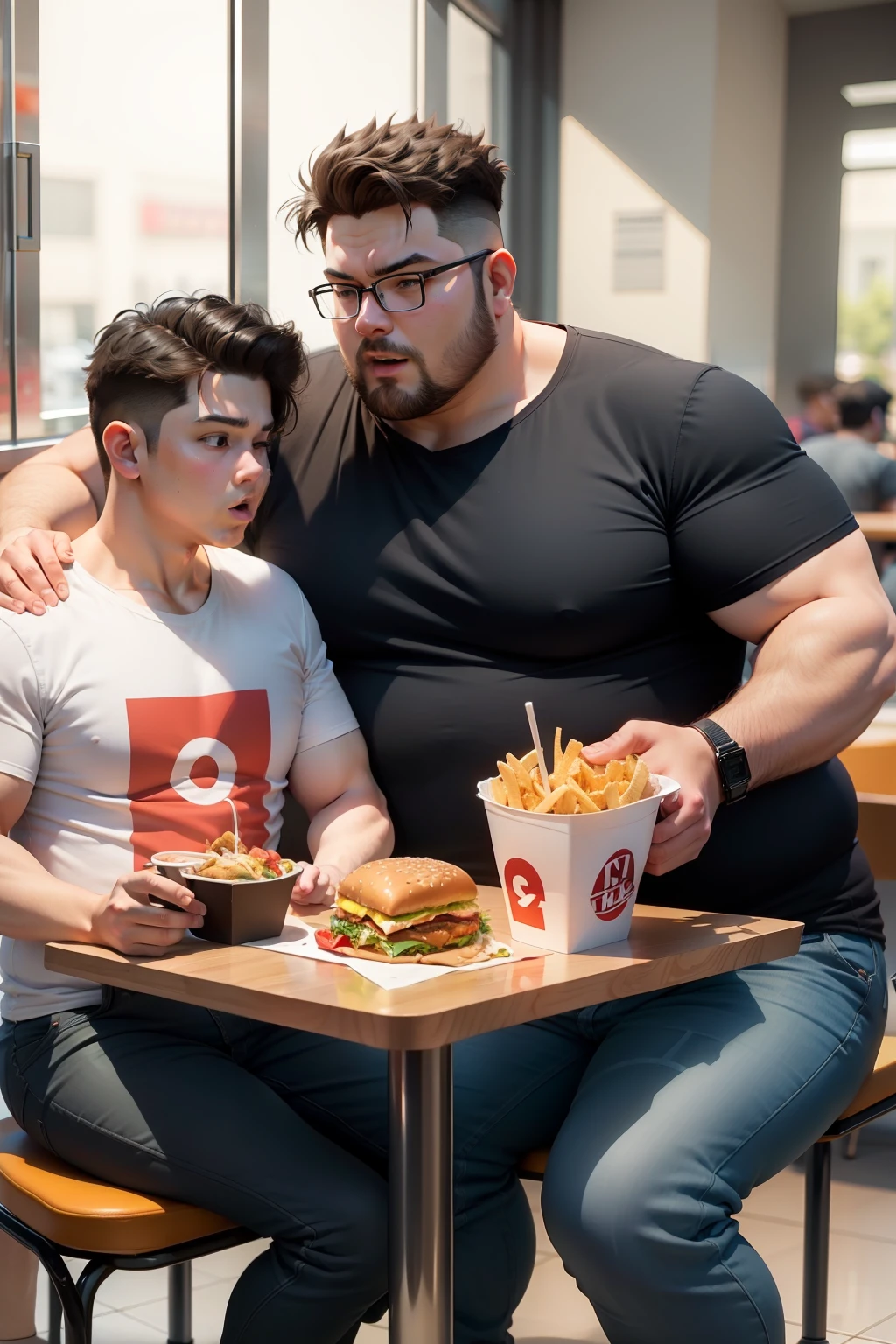 Make a parent and son obese together
in a cafeteria 
 are overeating fast food
.3D