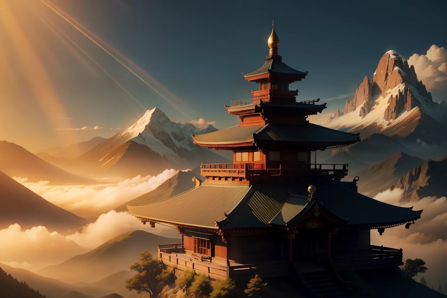 buddhist temple, on top of the mountains, golden sun rays, with a monk, photorealism, masterpiece quality.