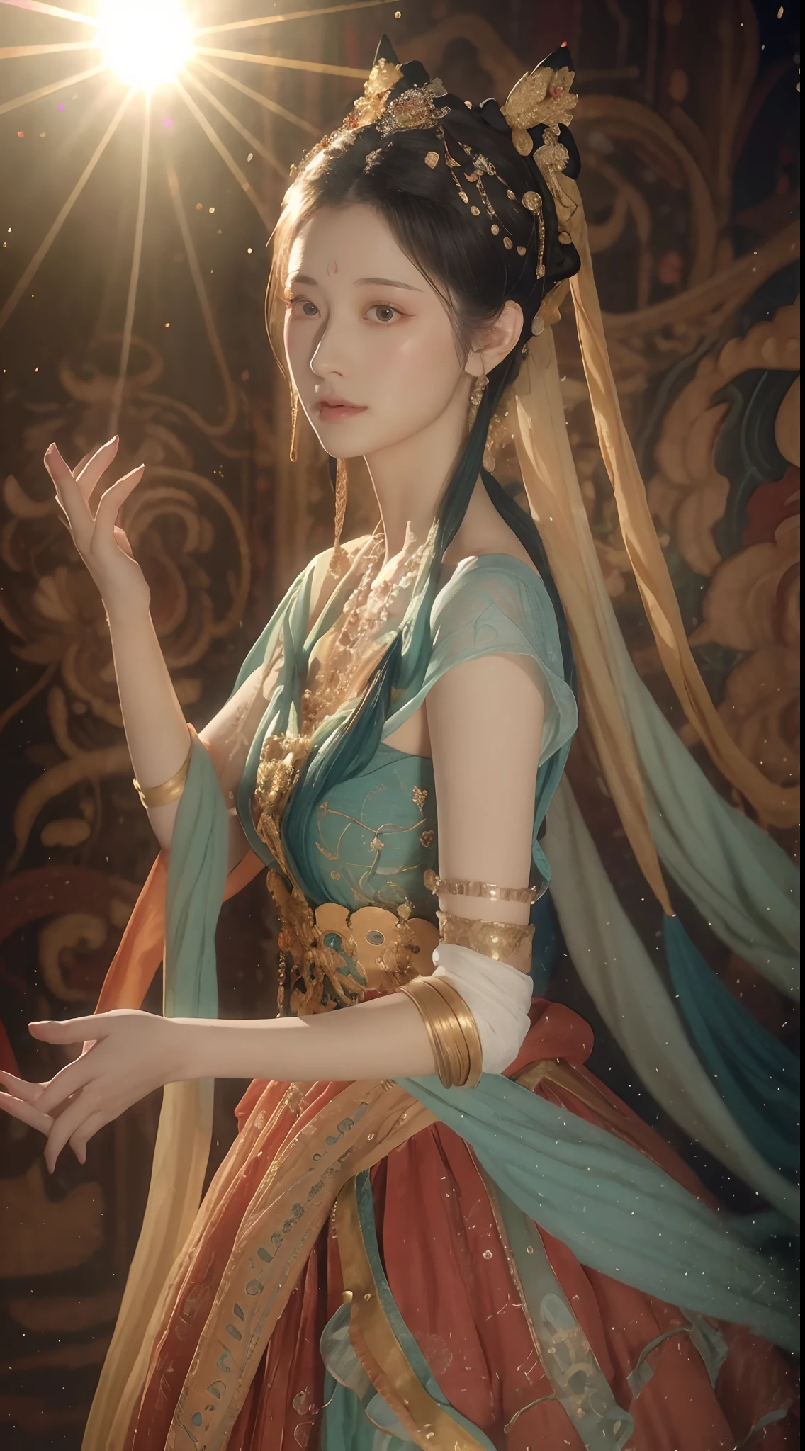 (RAW photo, best quality), (realistic, photo-realistic:1.3),best quality,highly detailed,masterpiece,ultra-detailed,illustration,1girl,upper_body,dynamic angle,world masterpiece theater,messy_long_hair,best quality,extremely detailed CG unity 8k wallpaper,ink,Amazing,cinematic lighting,lens_flare,,dunhuang_style