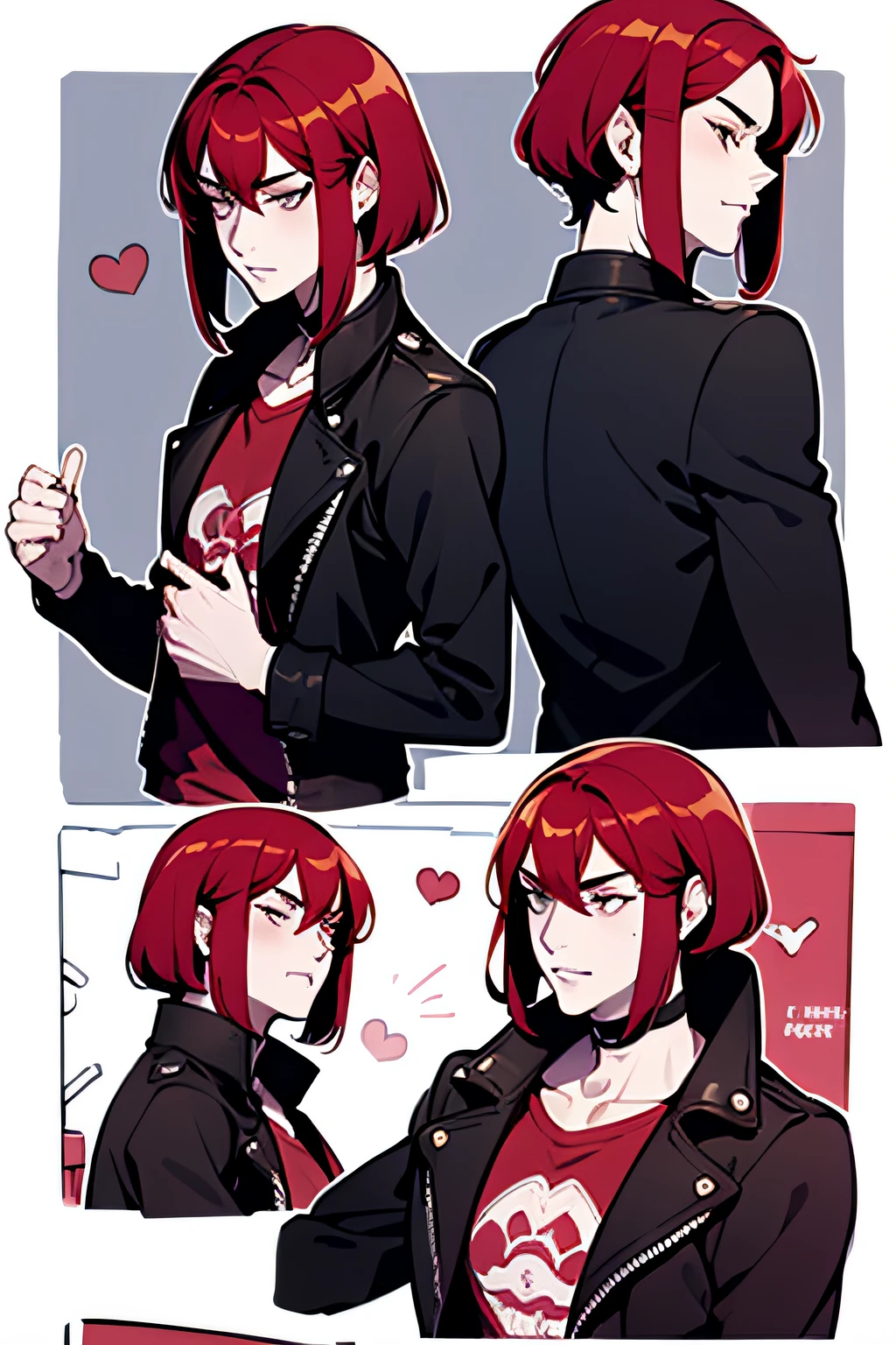 1 boy, 独奏, Castiel, red hair, shoulder-length hair, gray eyes, black leather jacket, black jeans, red t-shirt, Bob hairstyle, jour, Night Street, date, Pink lighting, Sakura